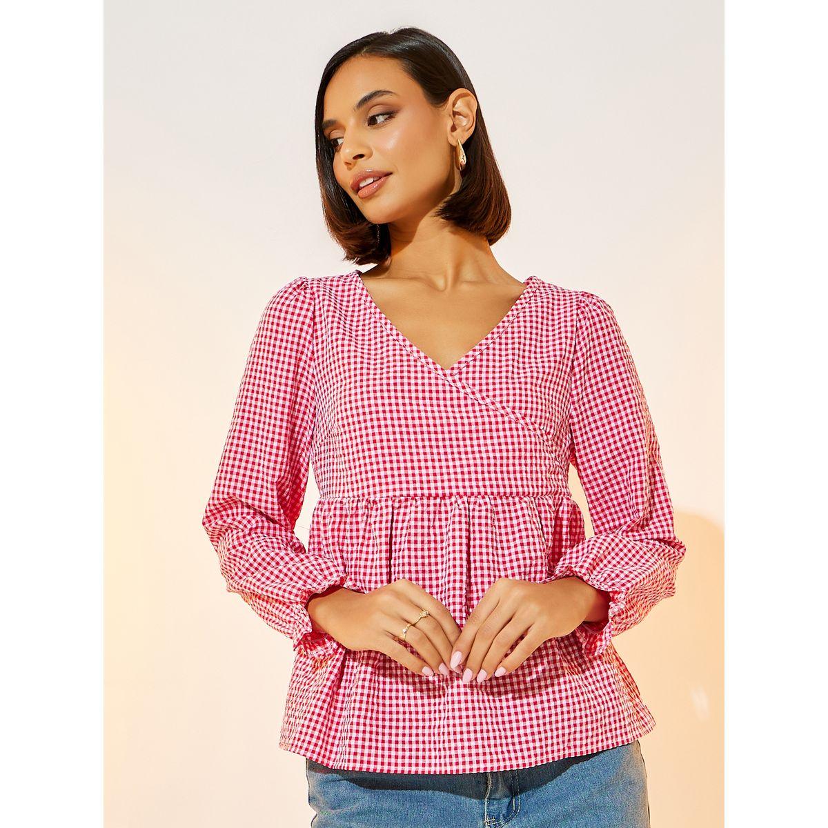 Take Two Gingham Check Wrap Pleated Waist Top-women-clothing-shirtsandblouses-blouses-image-1