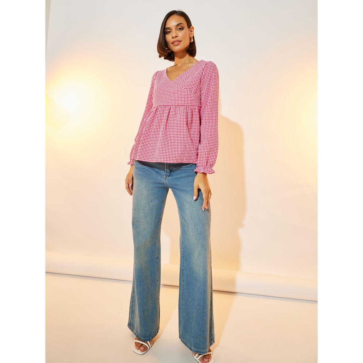 بلوزة بنسيج جينغام ونمط لف مع كسرات-women-clothing-shirtsandblouses-blouses-image-2