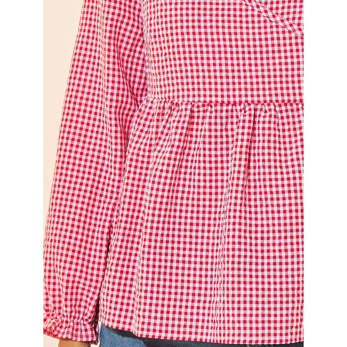 بلوزة بنسيج جينغام ونمط لف مع كسرات-women-clothing-shirtsandblouses-blouses-image-3