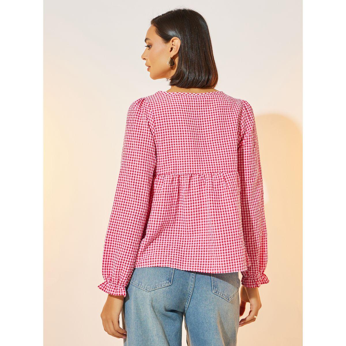 Take Two Gingham Check Wrap Pleated Waist Top-women-clothing-shirtsandblouses-blouses-image-4