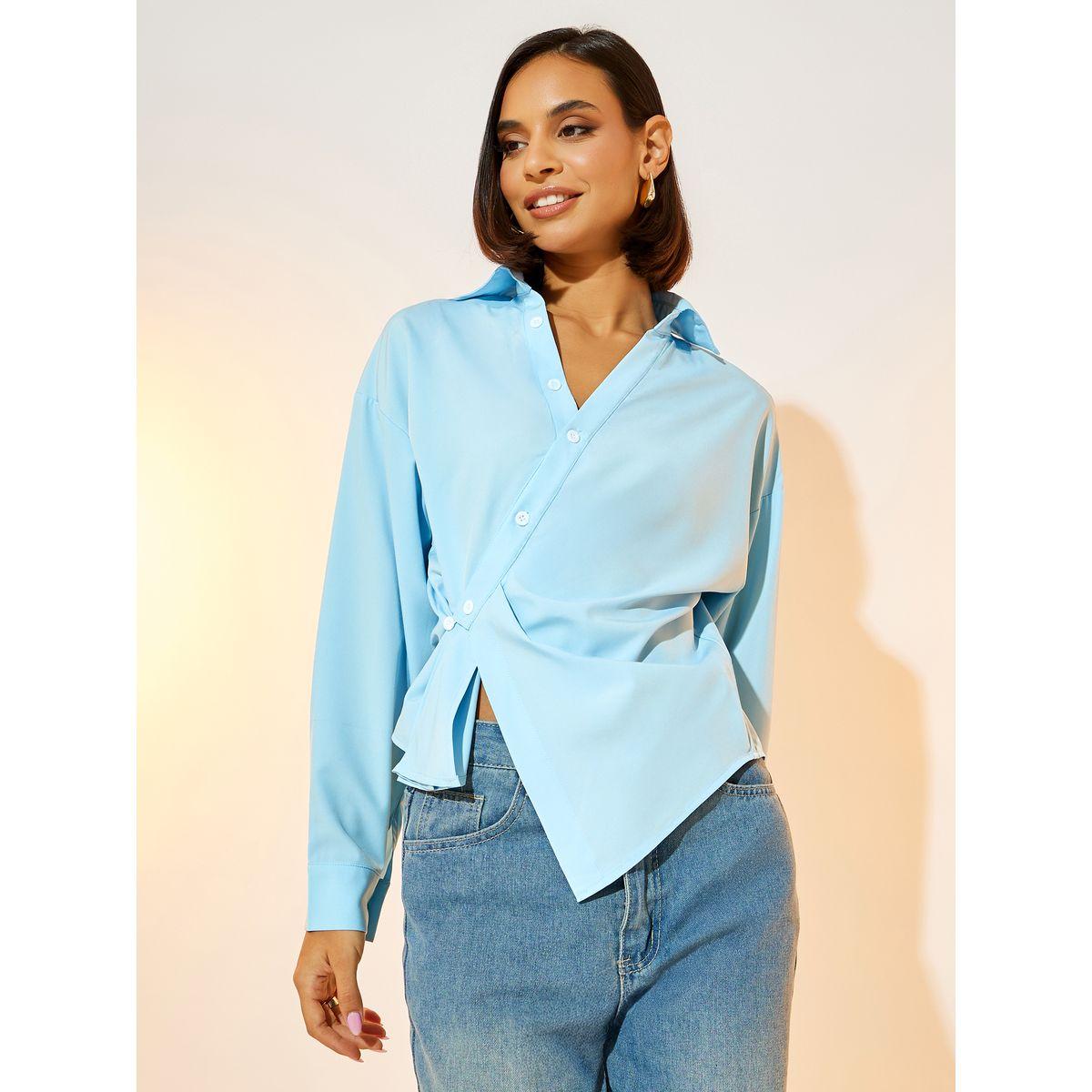بلوزة سادة بحافة غير متماثلة الطول ونمط لف-women-clothing-shirtsandblouses-shirts-image-1