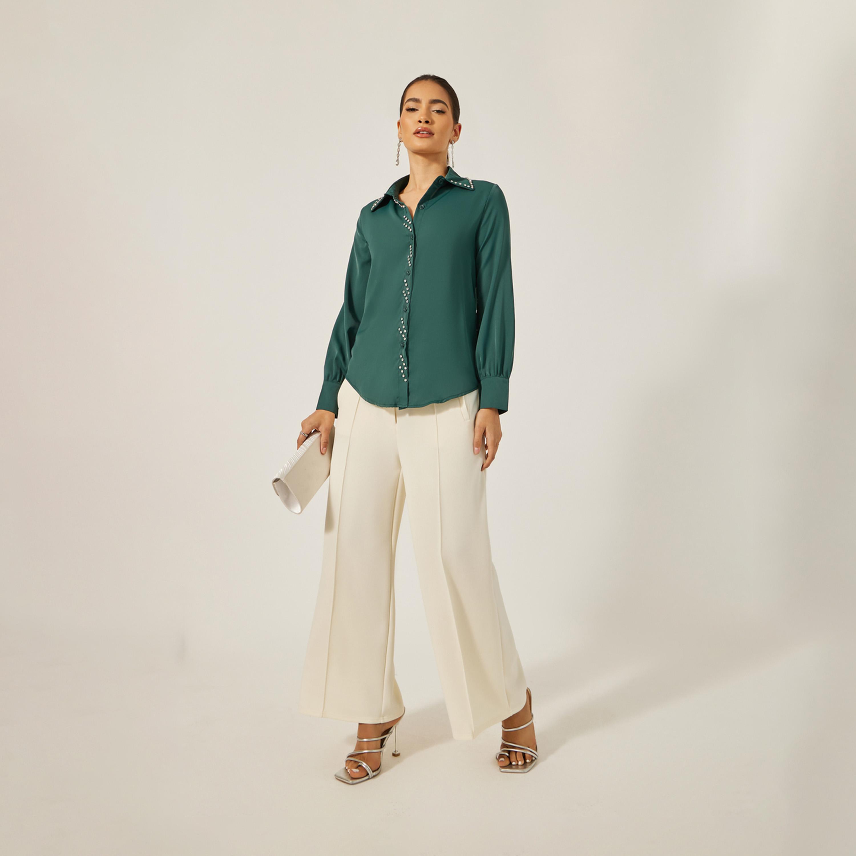 Styli Faux Diamante Studded Collared Shirt-women-clothing-shirtsandblouses-shirts-image-1