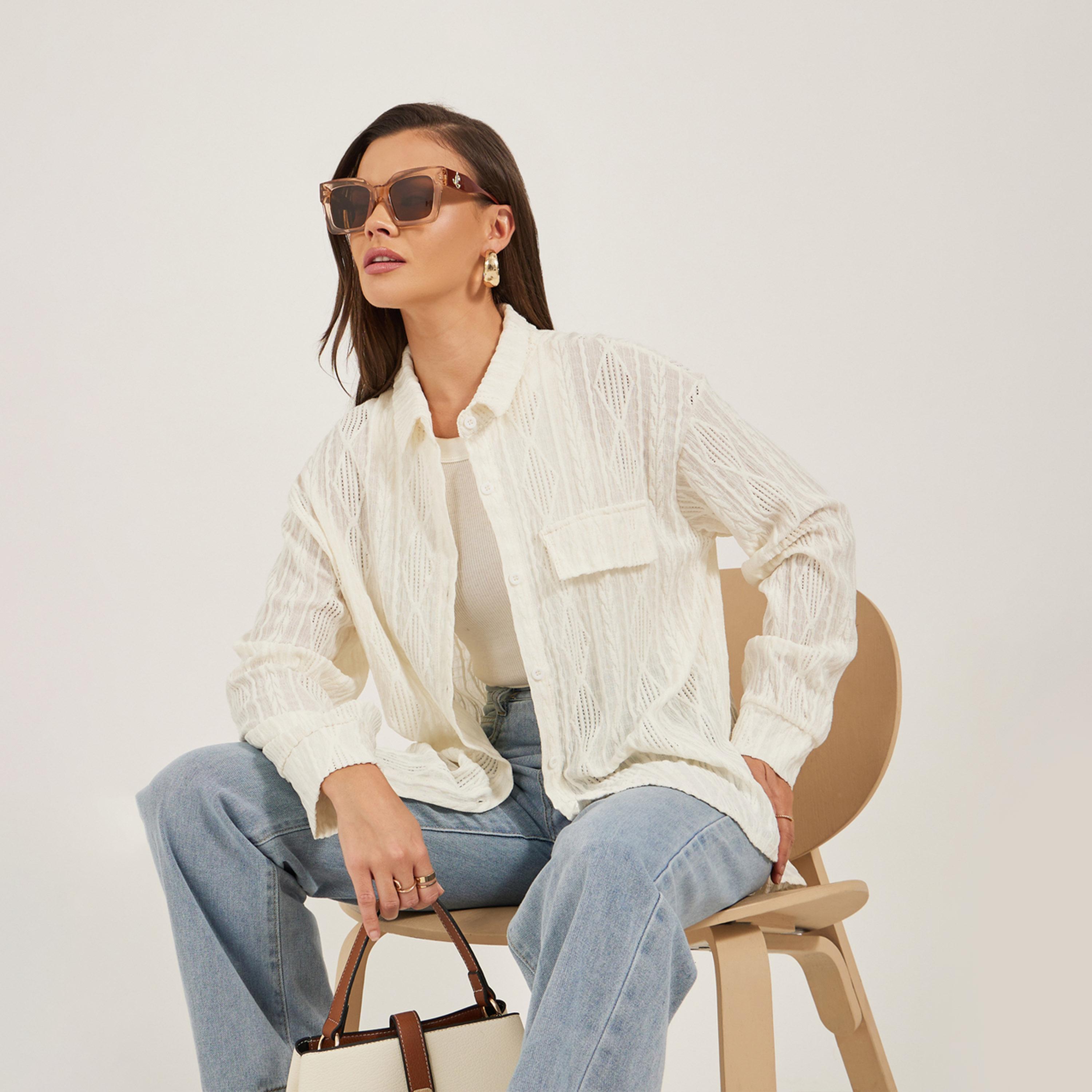 Styli Textured Knit Oversized Shirt with Flap Detail-women-clothing-shirtsandblouses-shirts-image-1