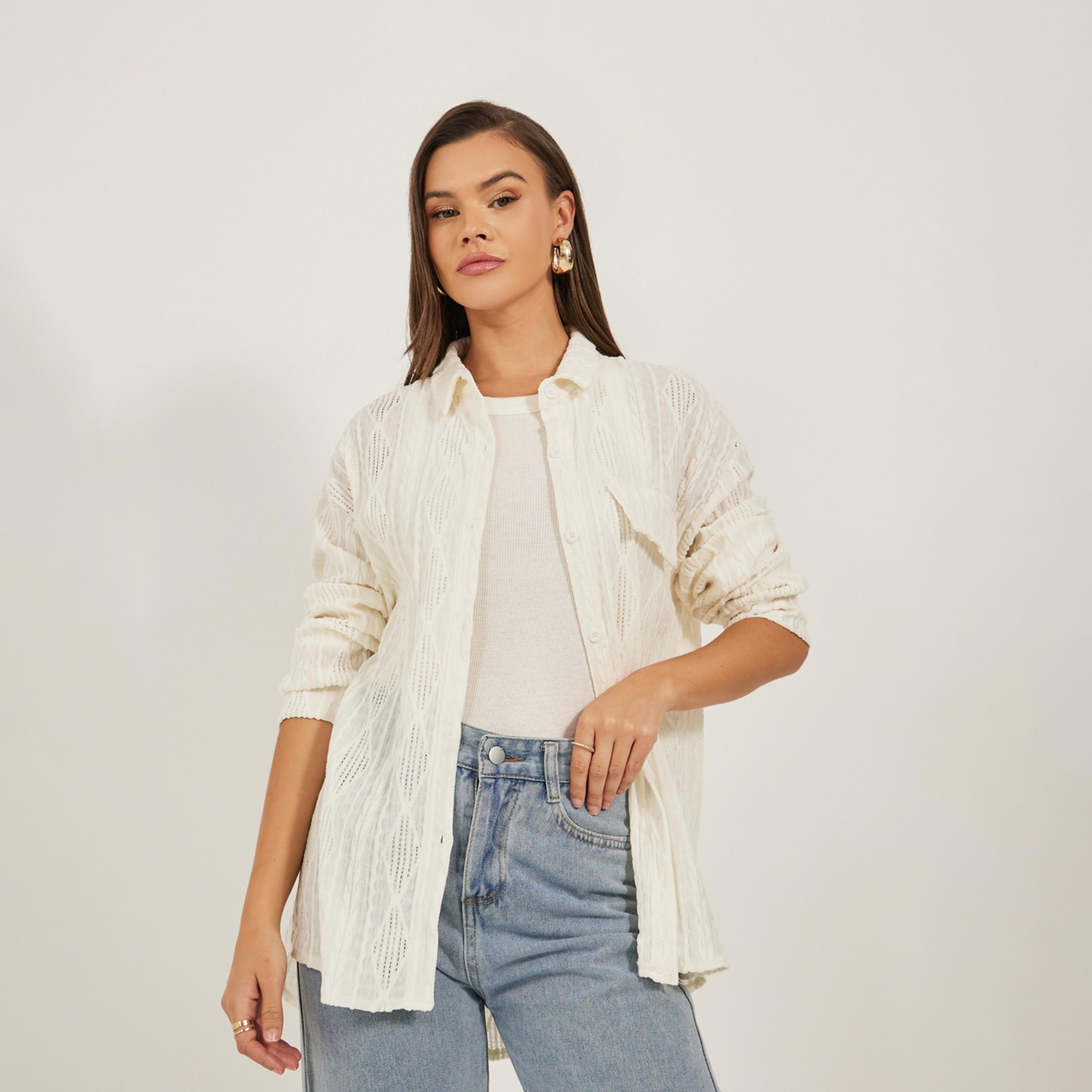 ستايلي - قميص محبوك كبير الحجم بتفاصيل طية-women-clothing-shirtsandblouses-shirts-image-3