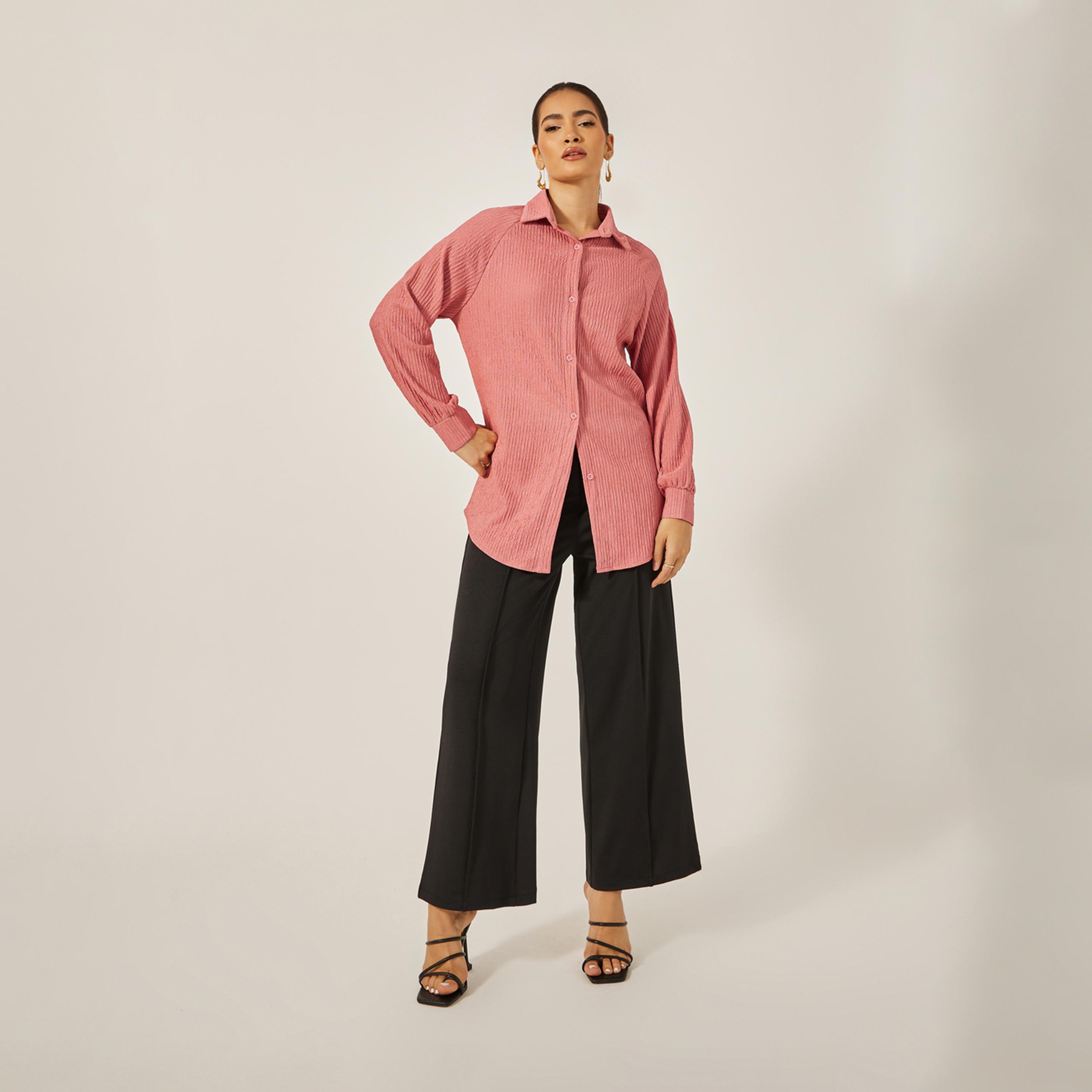 Styli Textured Knit Oversized Shirt With Raglan Sleeves-women-clothing-shirtsandblouses-shirts-image-2