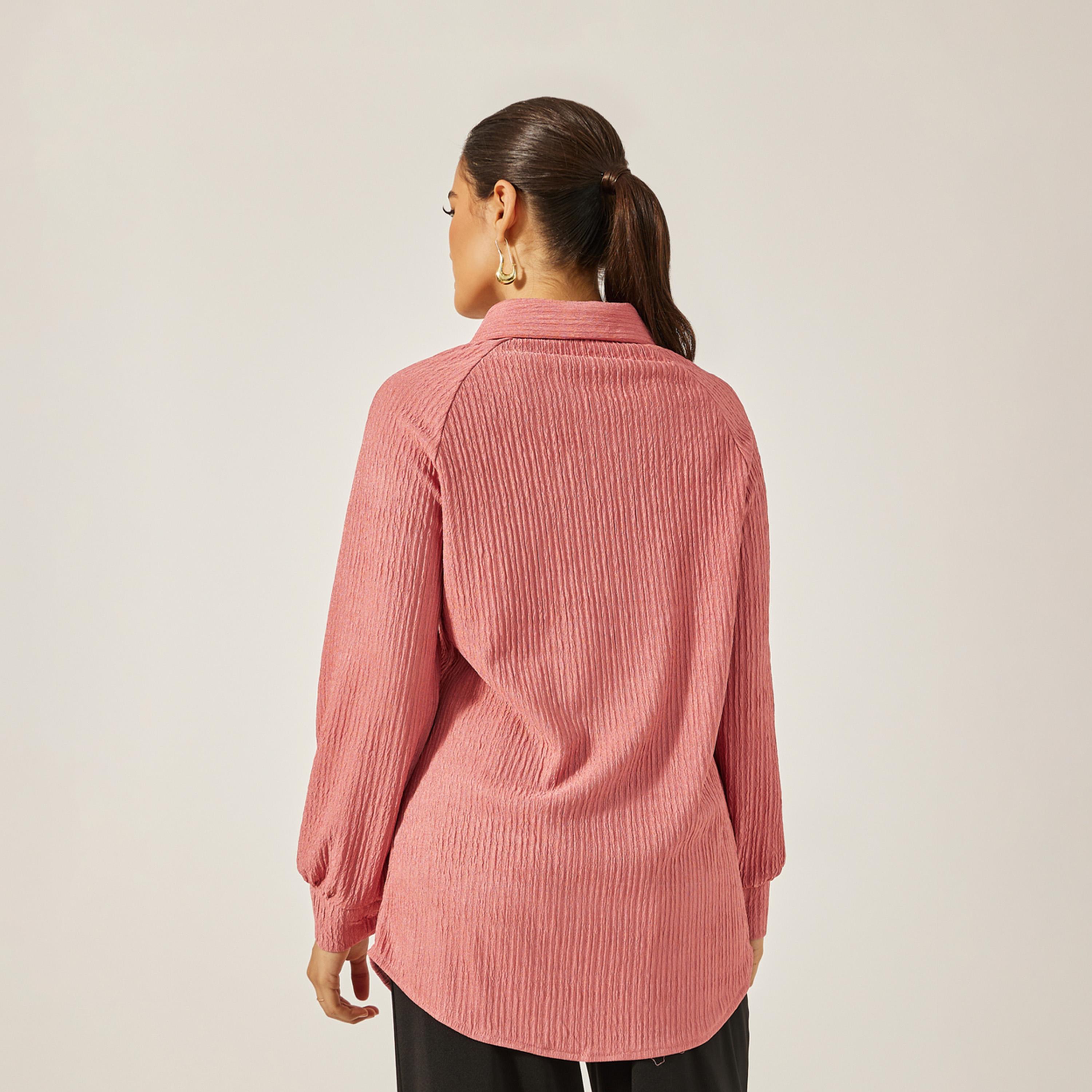 Styli Textured Knit Oversized Shirt With Raglan Sleeves-women-clothing-shirtsandblouses-shirts-image-4