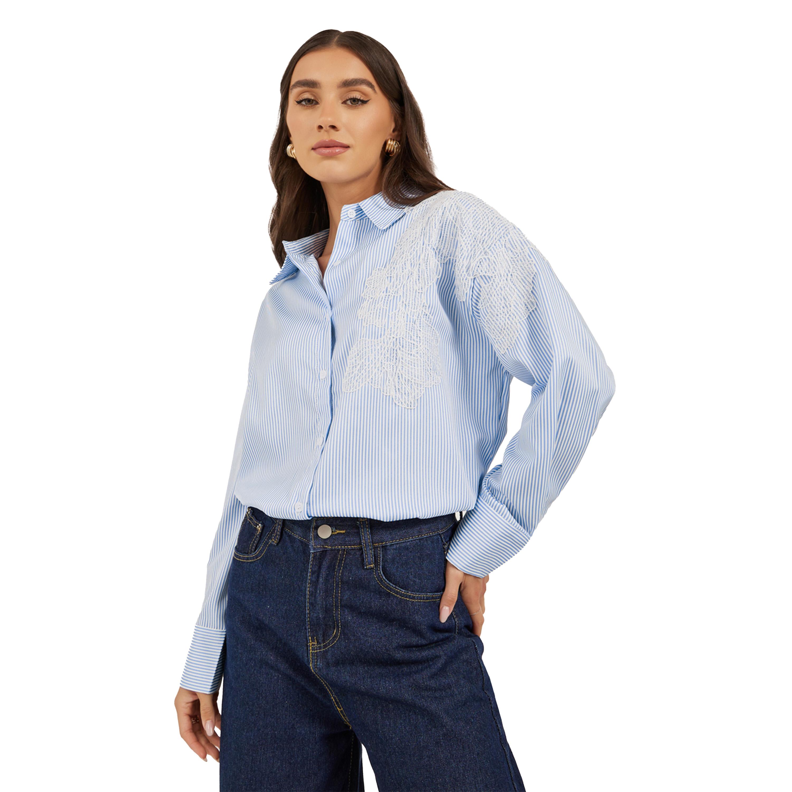 ستايلي -  قميص مخطط بأكمام طويلة ومقاس كبير مع تفاصيل دانتيل-women-clothing-shirtsandblouses-shirts-image-1