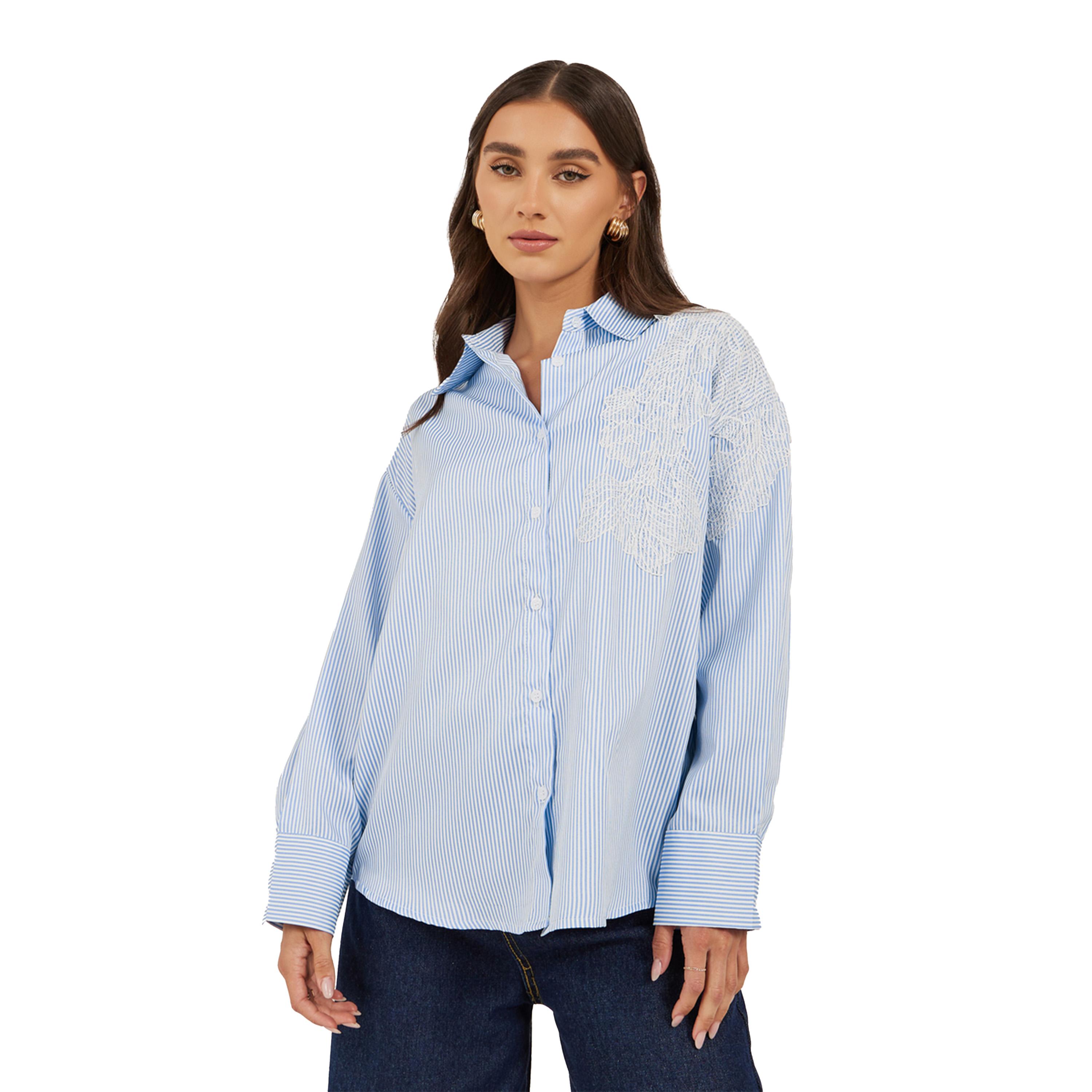 ستايلي -  قميص مخطط بأكمام طويلة ومقاس كبير مع تفاصيل دانتيل-women-clothing-shirtsandblouses-shirts-image-2