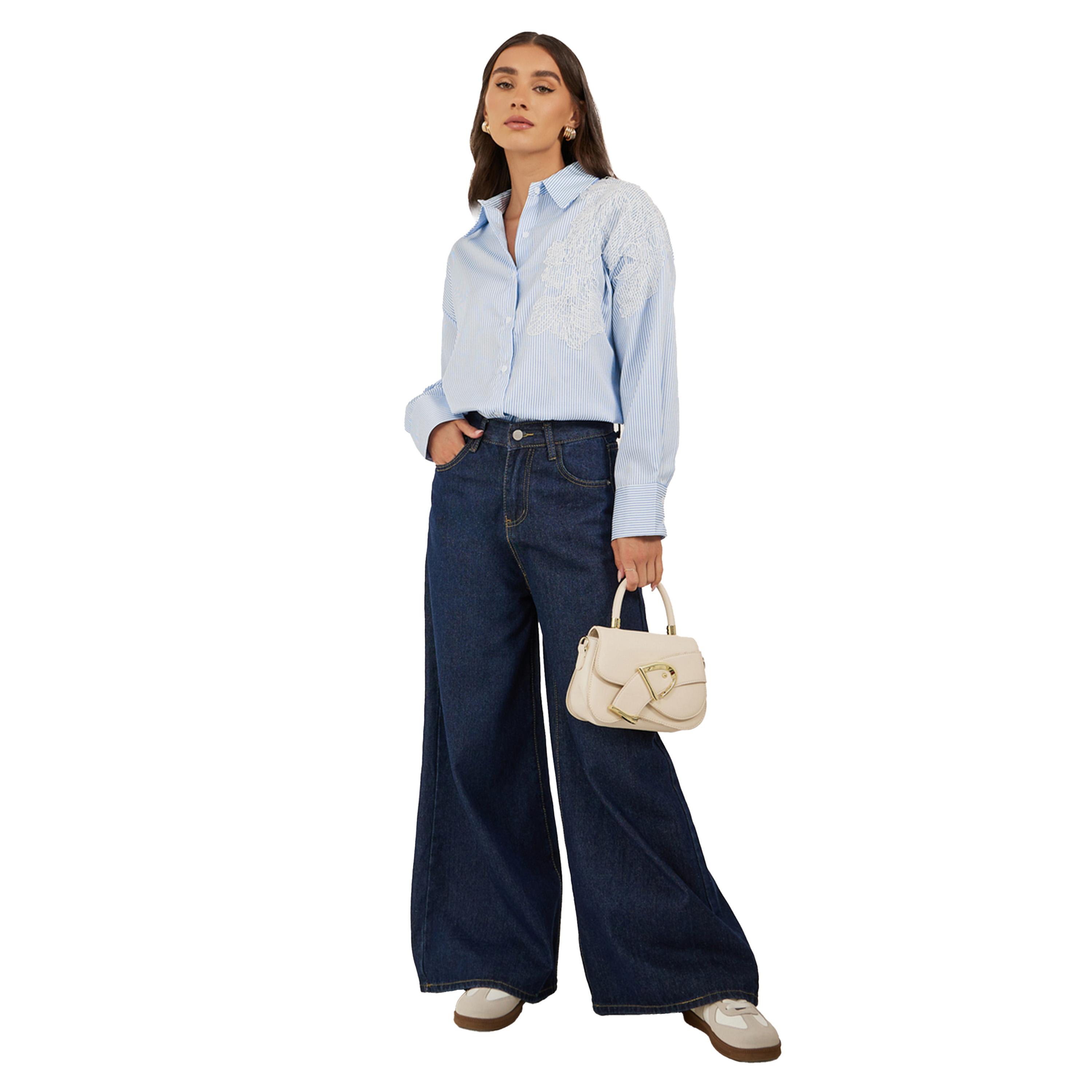 ستايلي -  قميص مخطط بأكمام طويلة ومقاس كبير مع تفاصيل دانتيل-women-clothing-shirtsandblouses-shirts-image-3