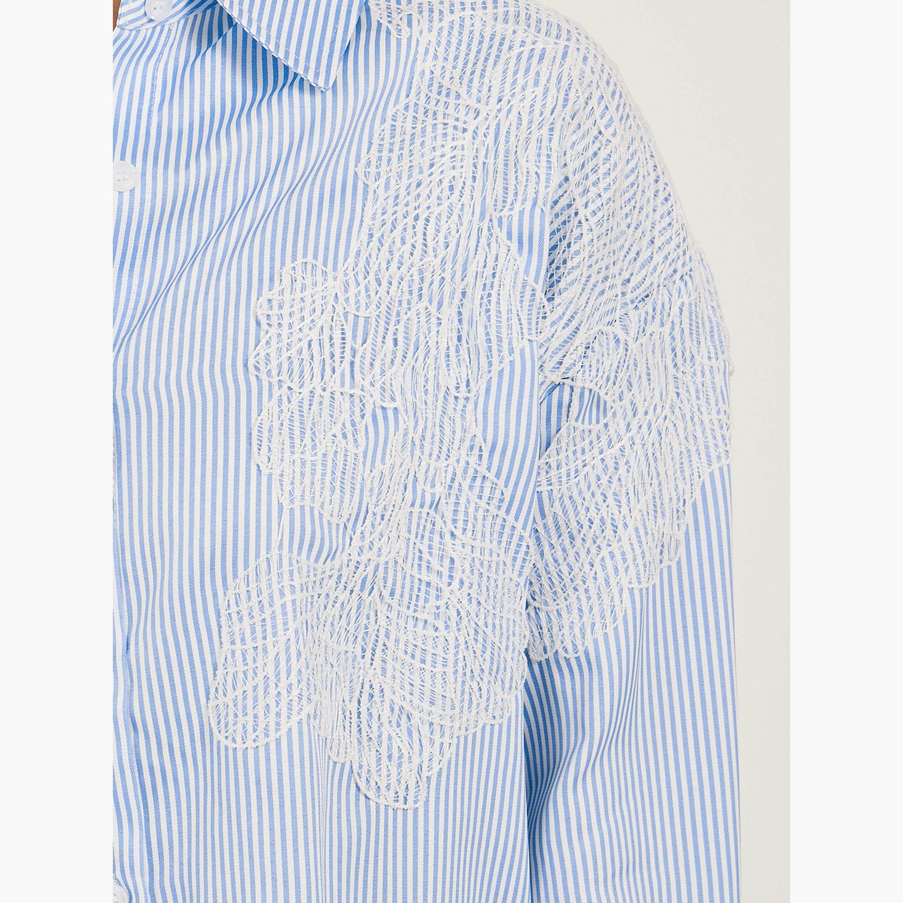 ستايلي -  قميص مخطط بأكمام طويلة ومقاس كبير مع تفاصيل دانتيل-women-clothing-shirtsandblouses-shirts-image-4
