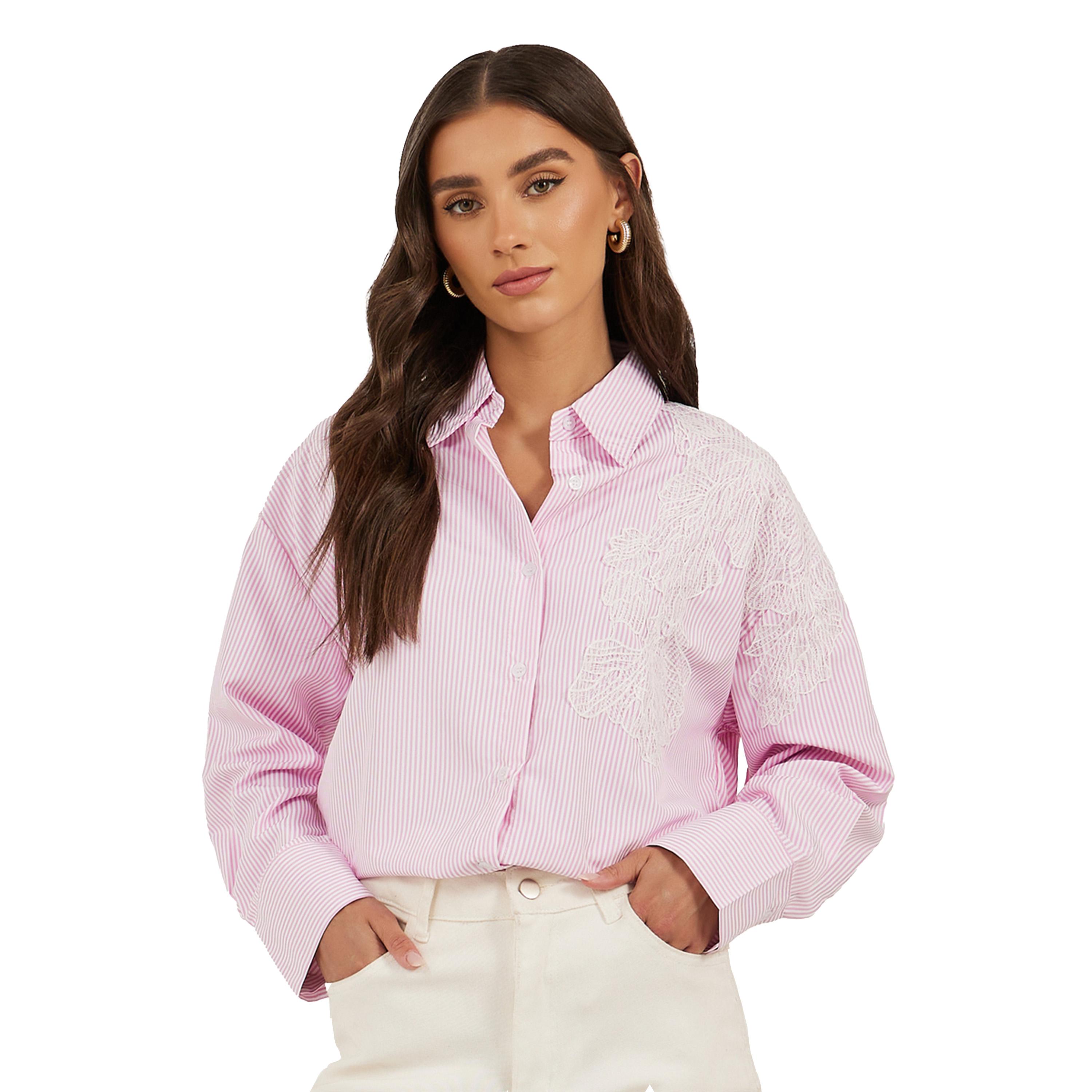Styli Striped Long Sleeve Oversized Shirt with Lace Detail-women-clothing-shirtsandblouses-shirts-image-1