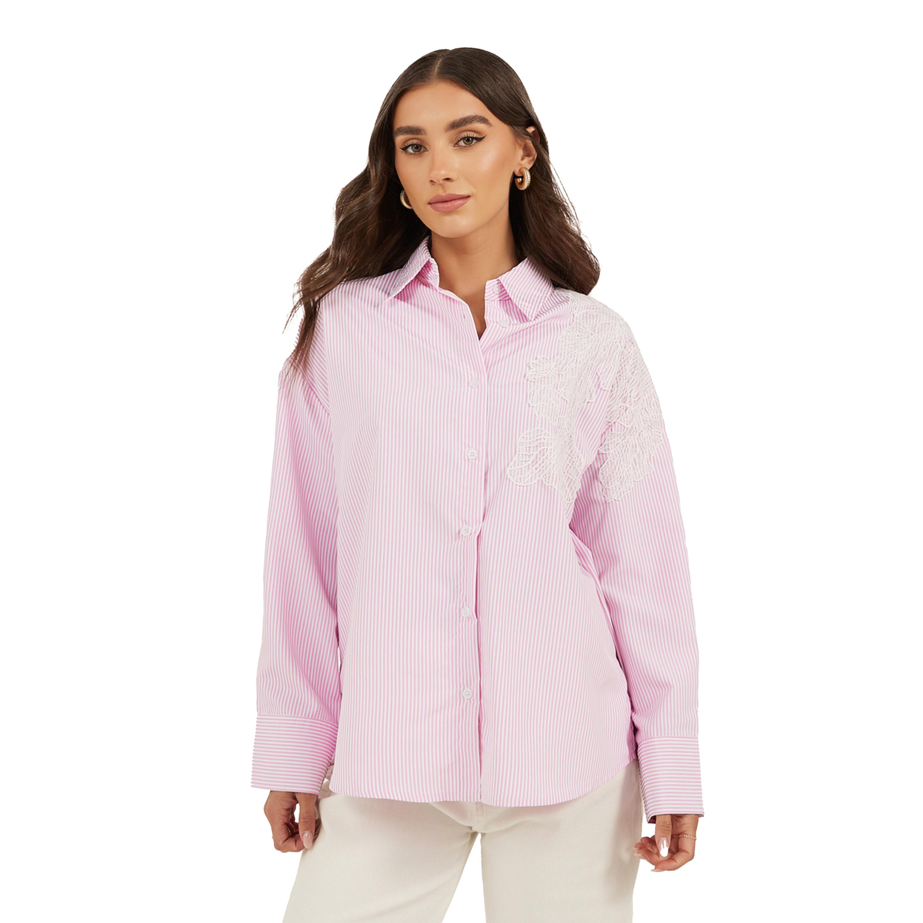 Styli Striped Long Sleeve Oversized Shirt with Lace Detail-women-clothing-shirtsandblouses-shirts-image-2