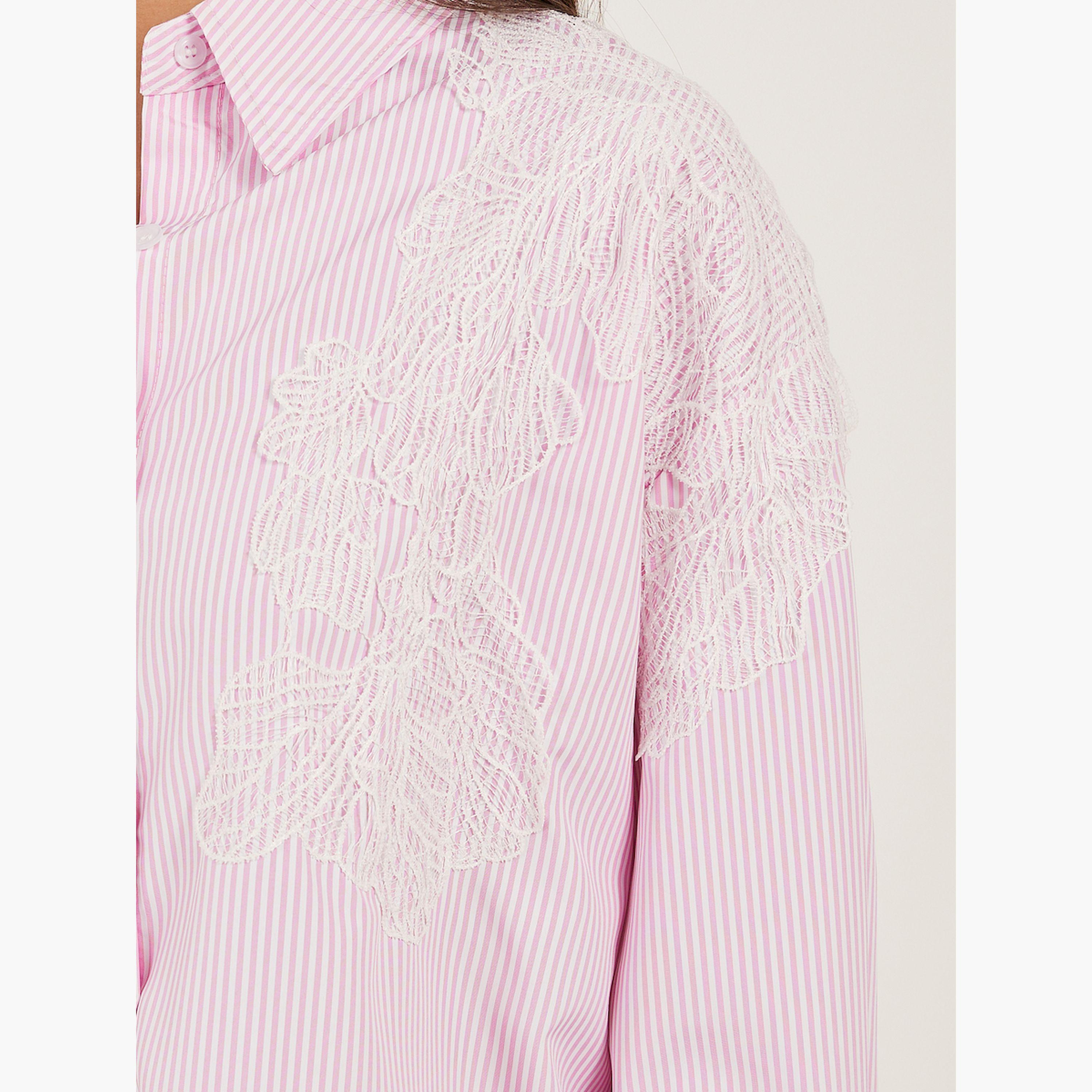 Styli Striped Long Sleeve Oversized Shirt with Lace Detail-women-clothing-shirtsandblouses-shirts-image-4