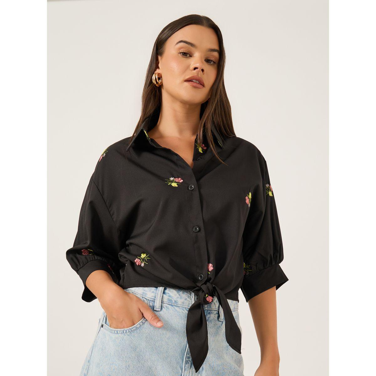 بلوزة بقصة عادية وتفاصيل مُطرّزة مع أكمام 3/4-women-clothing-shirtsandblouses-shirts-image-1