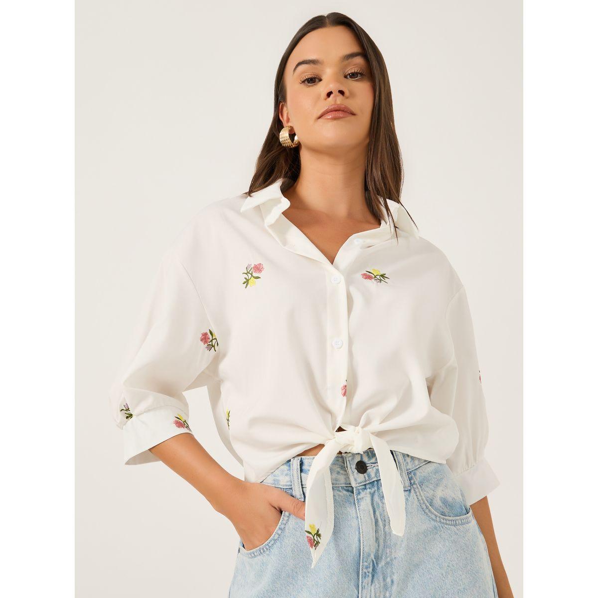 Styli Floral Embroidered 3/4 Sleeve Tie Front Regular Fit Shirt-women-clothing-shirtsandblouses-shirts-image-1