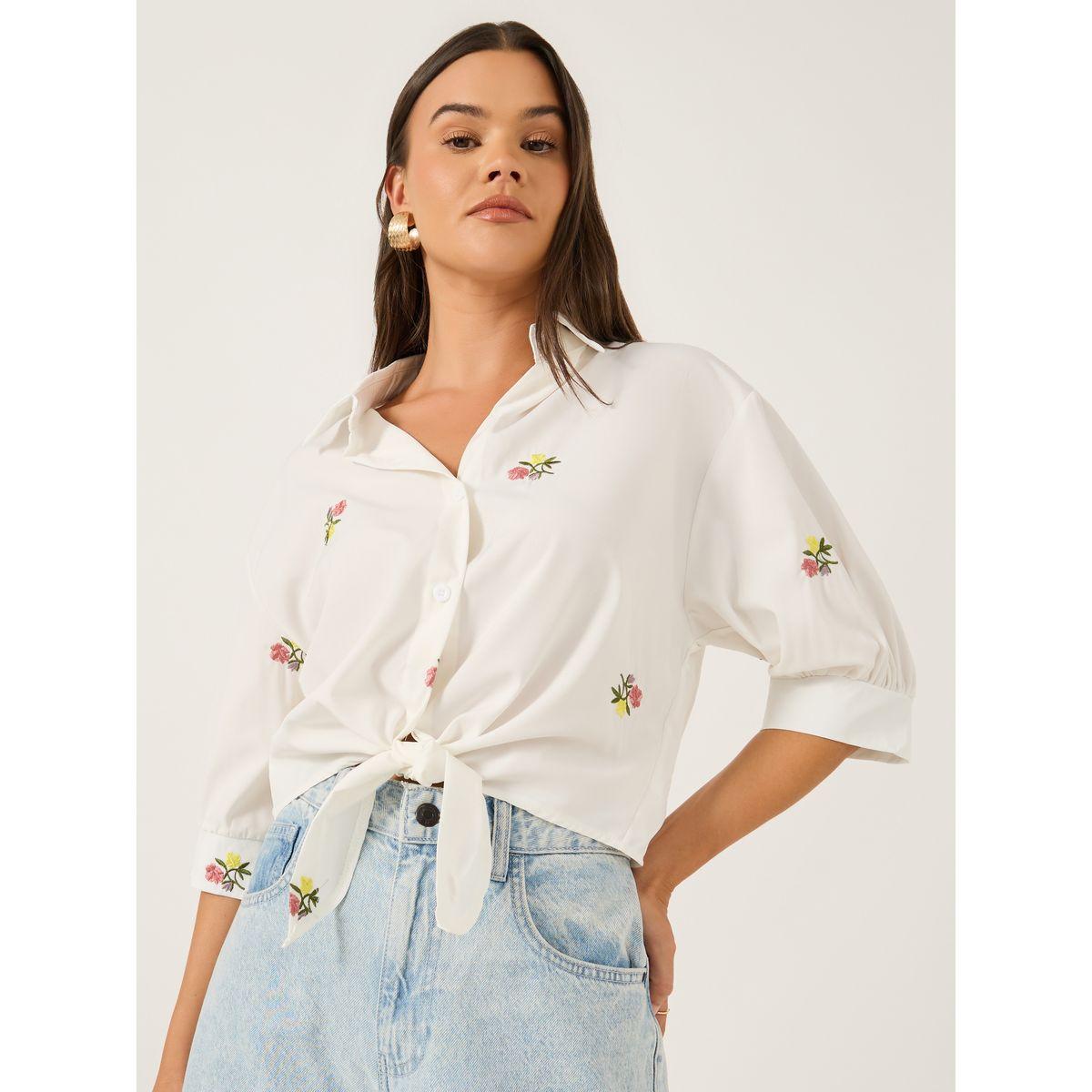 Styli Floral Embroidered 3/4 Sleeve Tie Front Regular Fit Shirt-women-clothing-shirtsandblouses-shirts-image-3