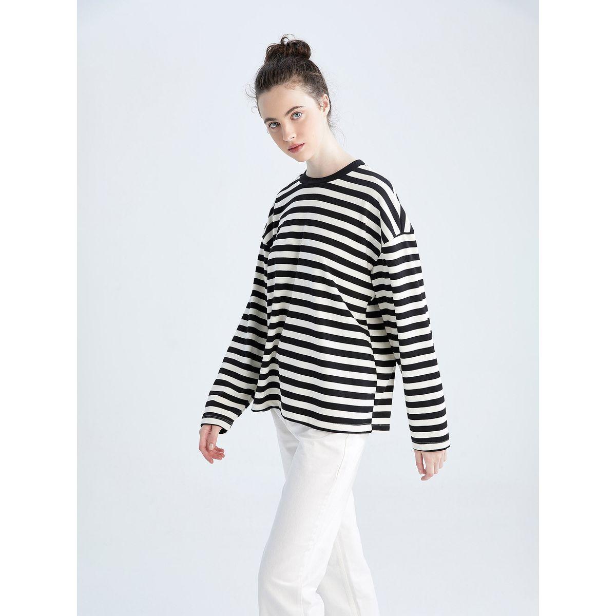 تيشيرت فضفاض مخطط بأكمام طويلة ديفاكتو × ستايلي-women-clothing-tshirts-image-4