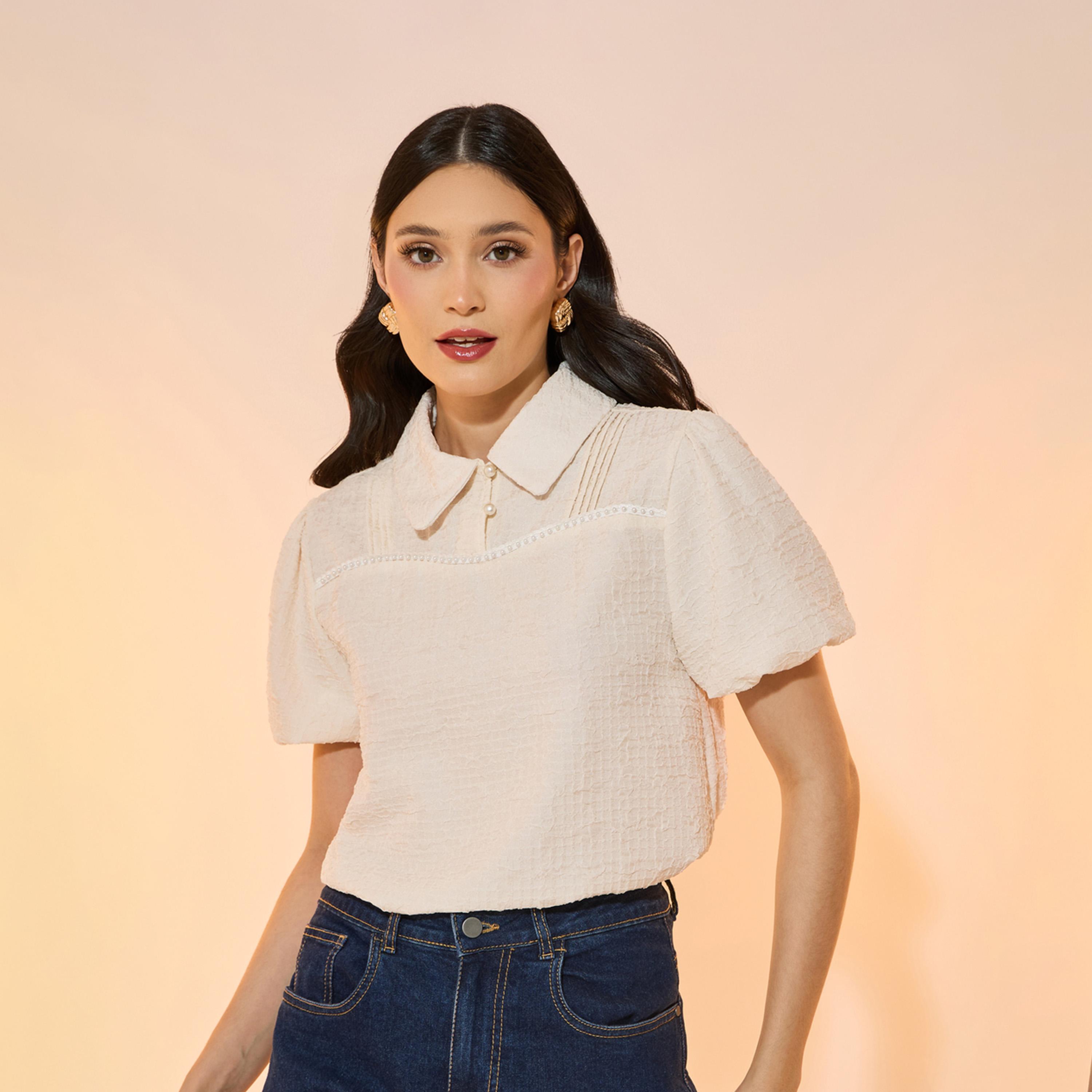 بلوزة بتفاصيل بارزة الملمس وأكمام بنمط فانوس-women-clothing-shirtsandblouses-blouses-image-5