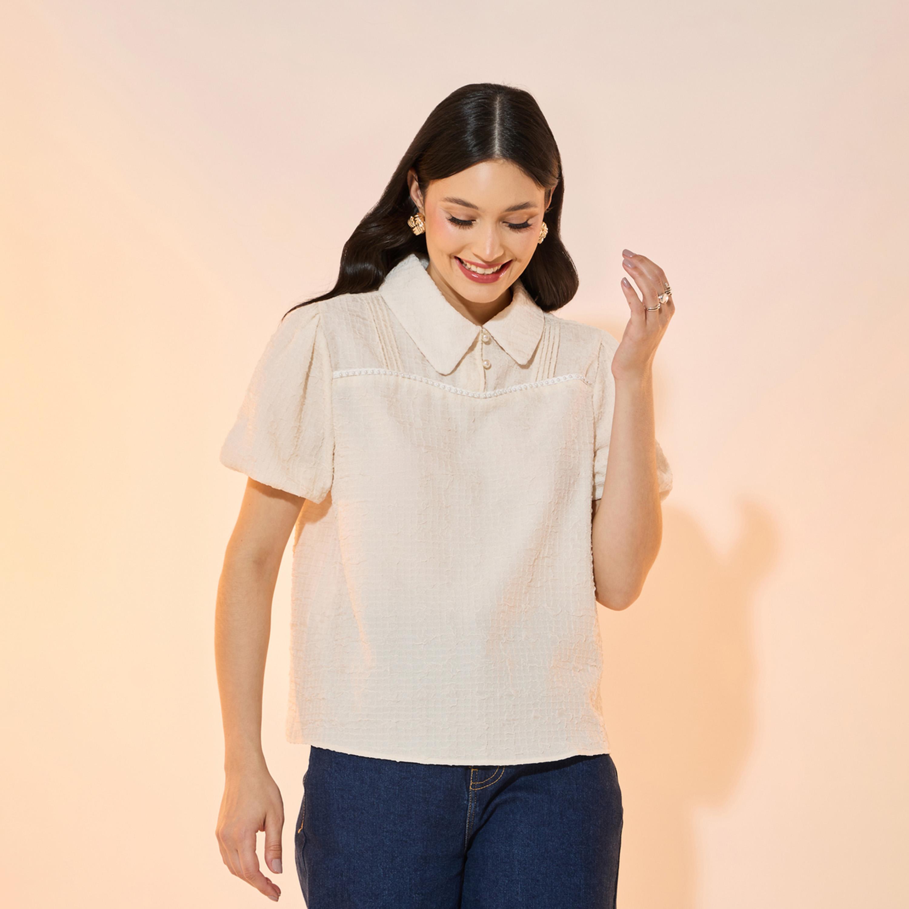 بلوزة بتفاصيل بارزة الملمس وأكمام بنمط فانوس-women-clothing-shirtsandblouses-blouses-image-3