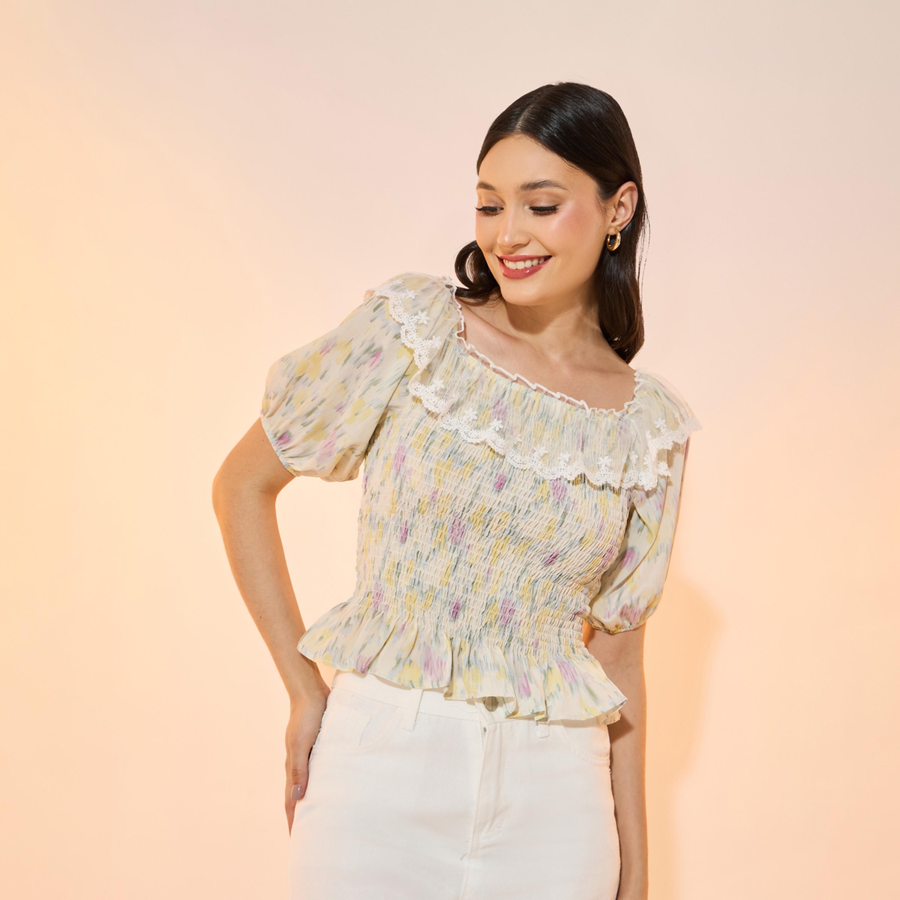 Take Two Gathered Lace Insert Smocked Detail Blouse-women-clothing-shirtsandblouses-blouses-image-1