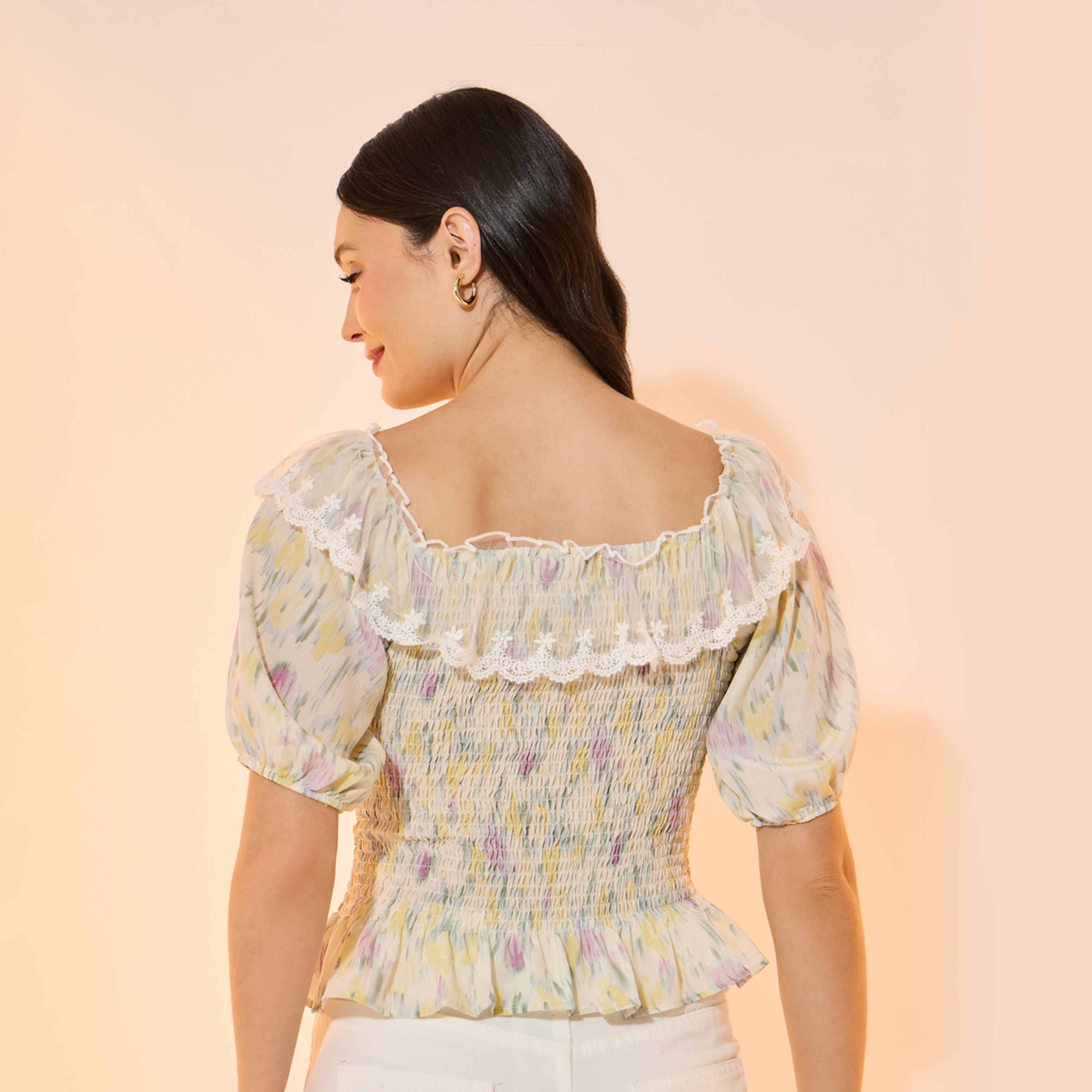Take Two Gathered Lace Insert Smocked Detail Blouse-women-clothing-shirtsandblouses-blouses-image-4