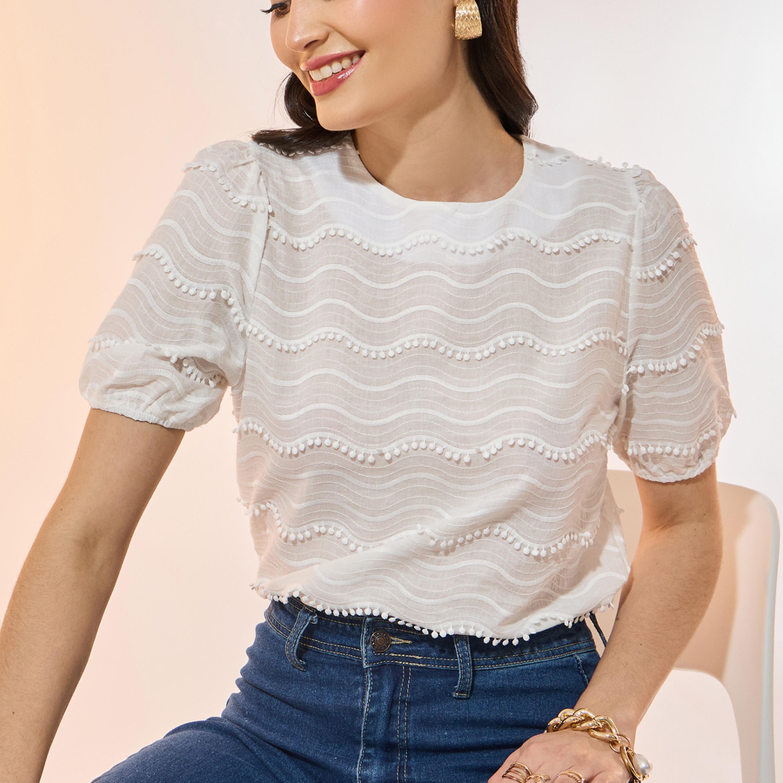 Take Two Textured Round Neck Short Sleeve Blouse-women-clothing-shirtsandblouses-blouses-image-1