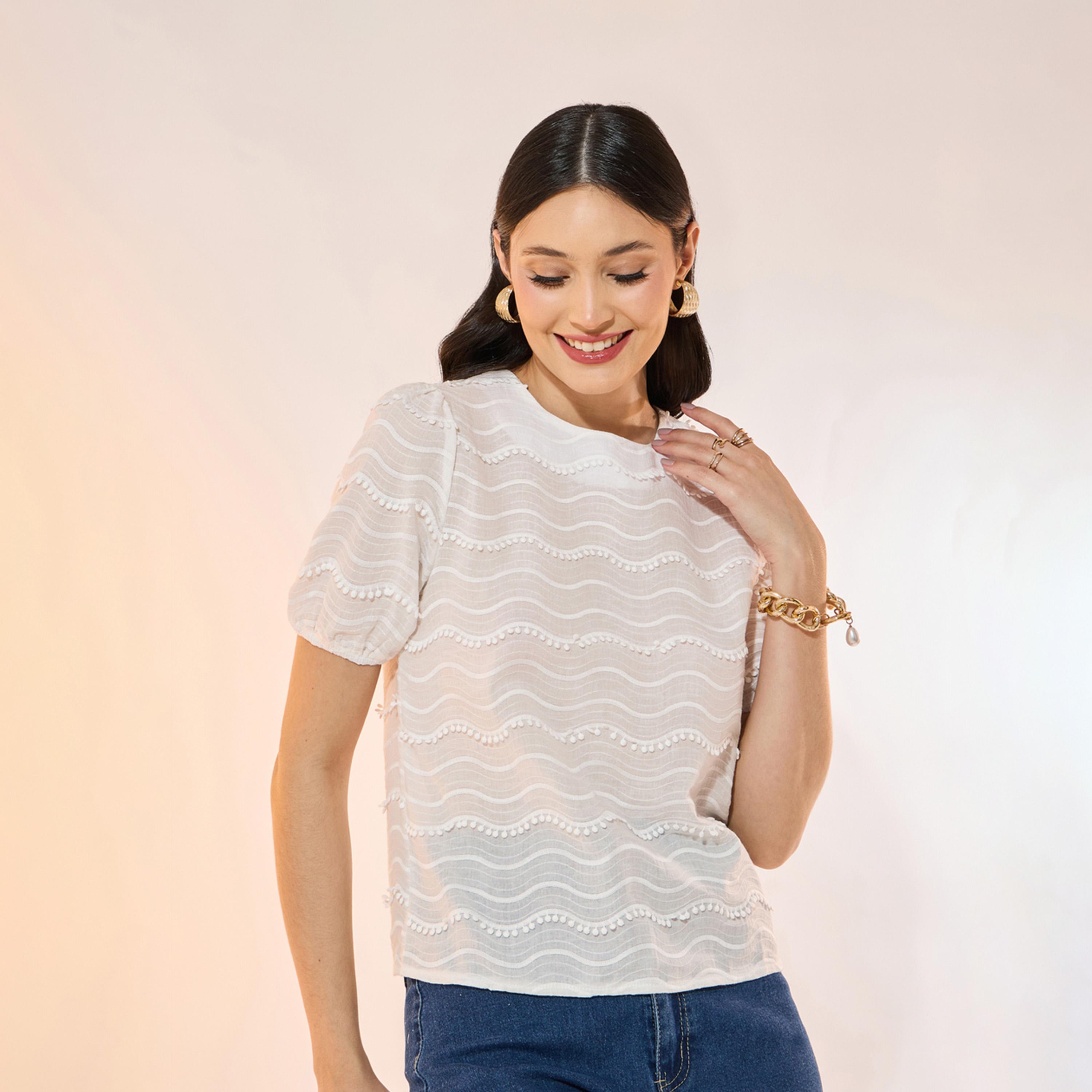 Take Two Textured Round Neck Short Sleeve Blouse-women-clothing-shirtsandblouses-blouses-image-3