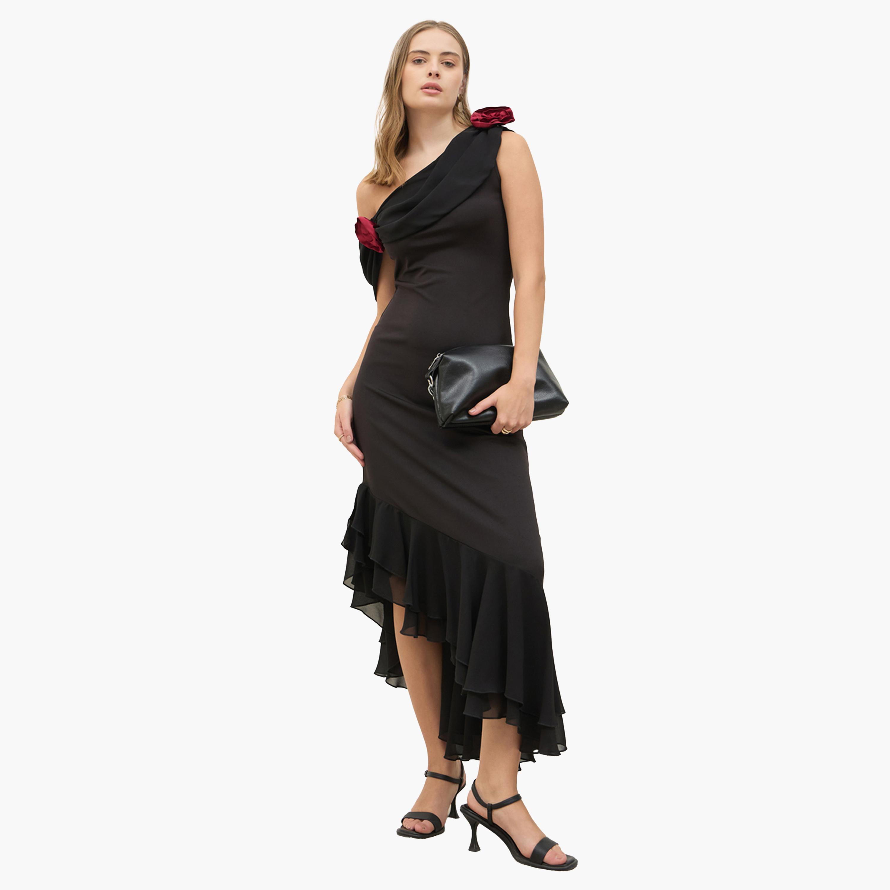 ستايلي - فستان ماكسي سادة ضيق بدون أكتاف وغير متماثل مع حافة وردية-women-clothing-dresses-image-1