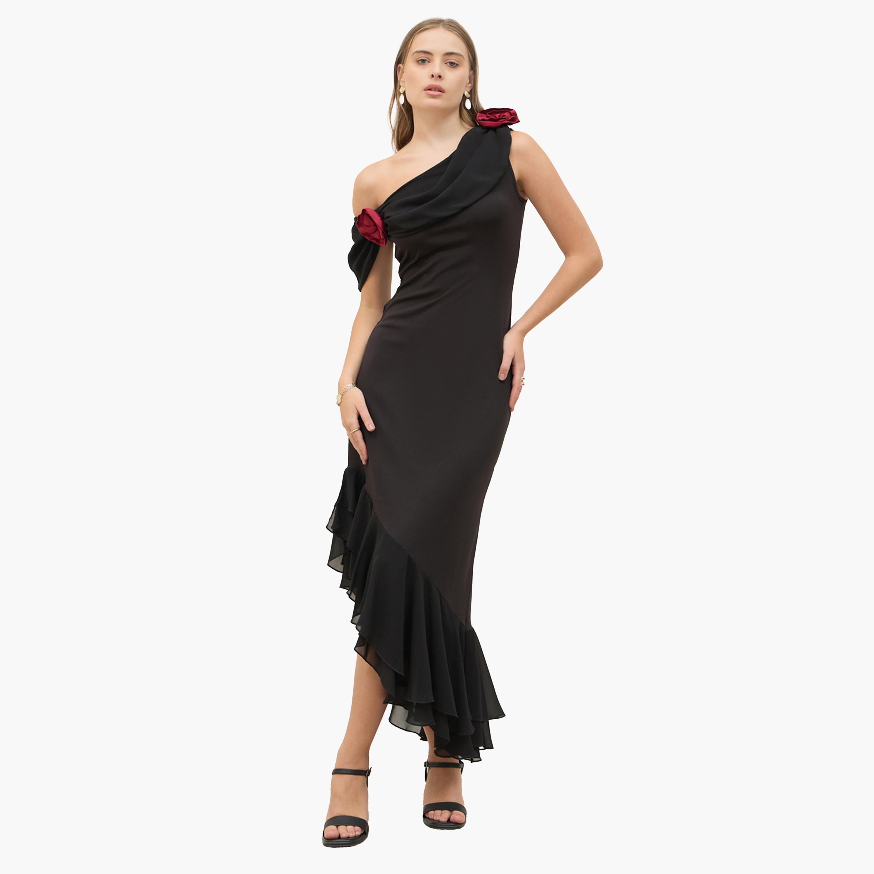 ستايلي - فستان ماكسي سادة ضيق بدون أكتاف وغير متماثل مع حافة وردية-women-clothing-dresses-image-2