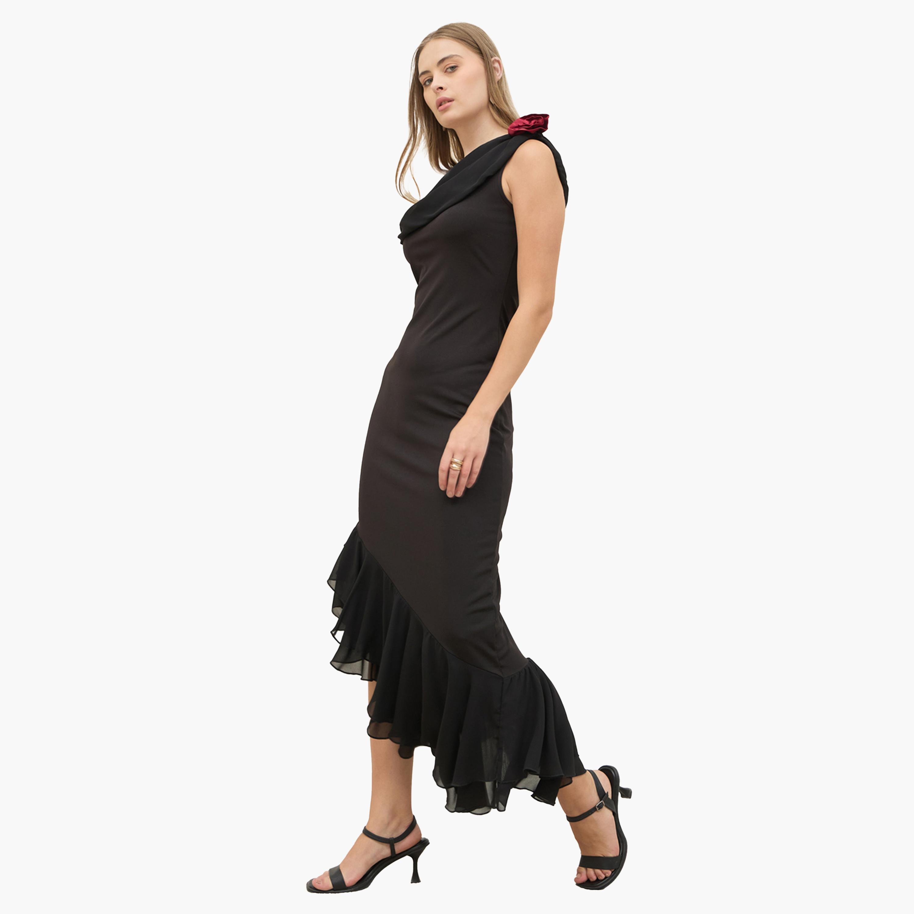 Styli Plain Asymmetric Hem Off Shoulder Bodycon Maxi Dress with Rose Trim-women-clothing-dresses-image-3
