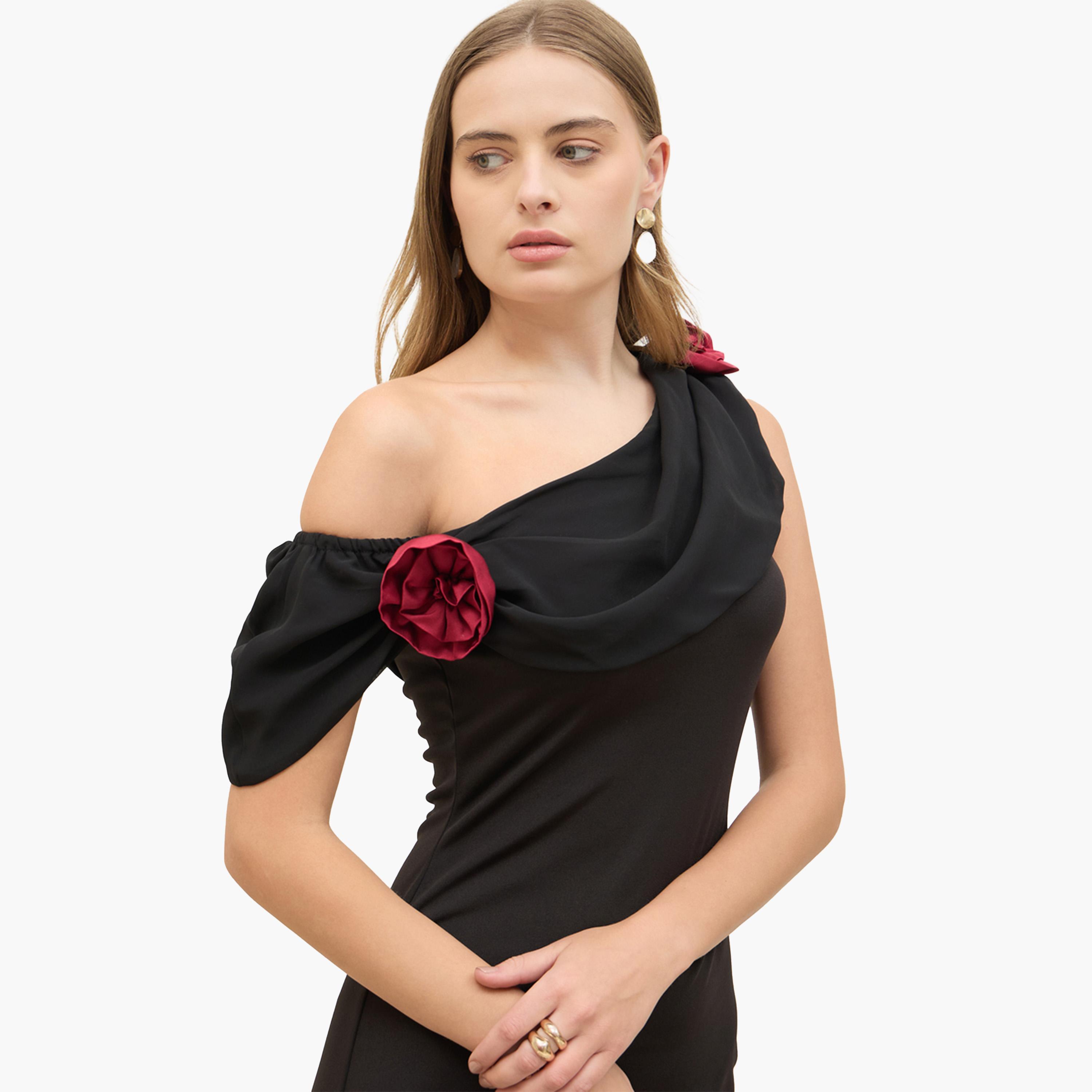 Styli Plain Asymmetric Hem Off Shoulder Bodycon Maxi Dress with Rose Trim-women-clothing-dresses-image-4