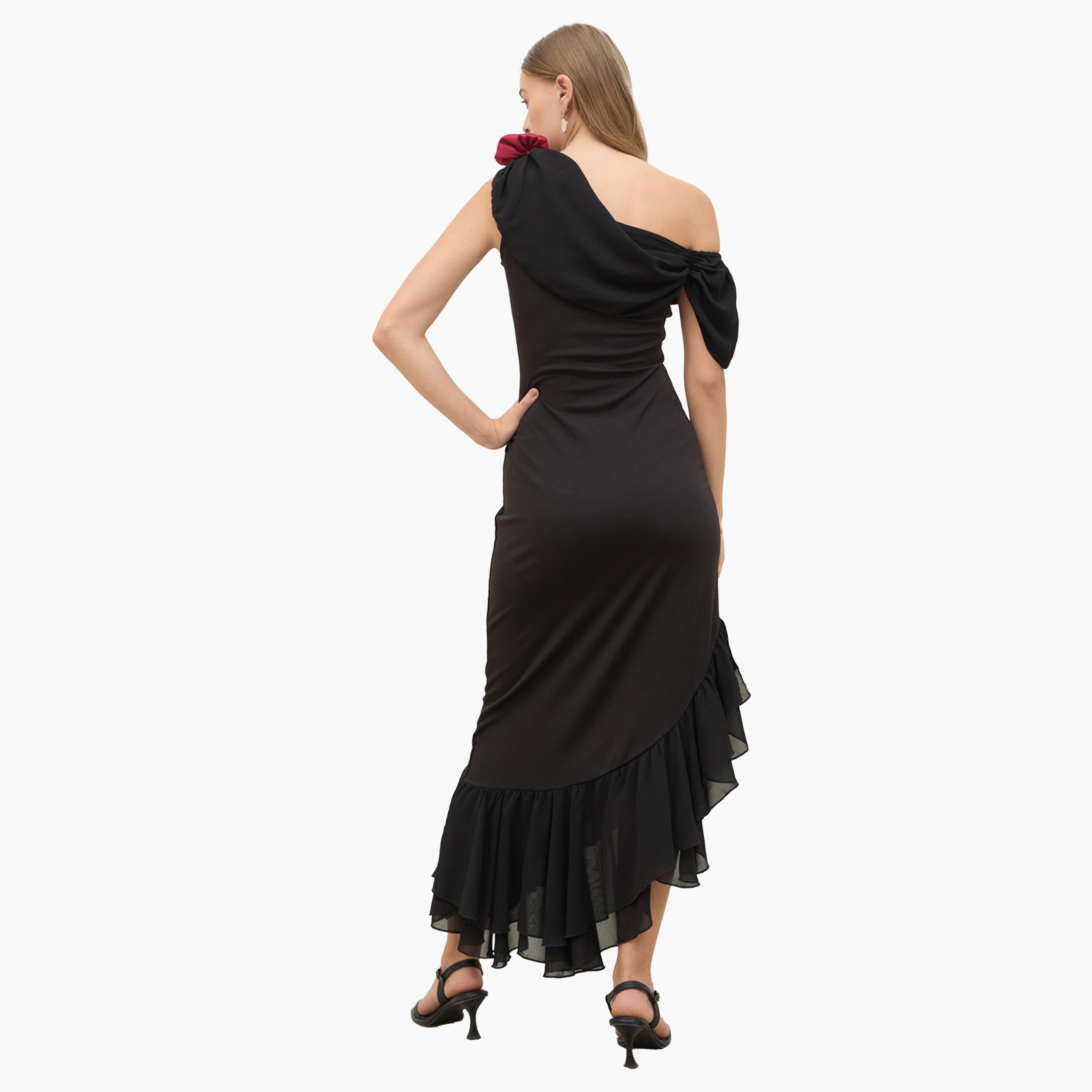 ستايلي - فستان ماكسي سادة ضيق بدون أكتاف وغير متماثل مع حافة وردية-women-clothing-dresses-image-5