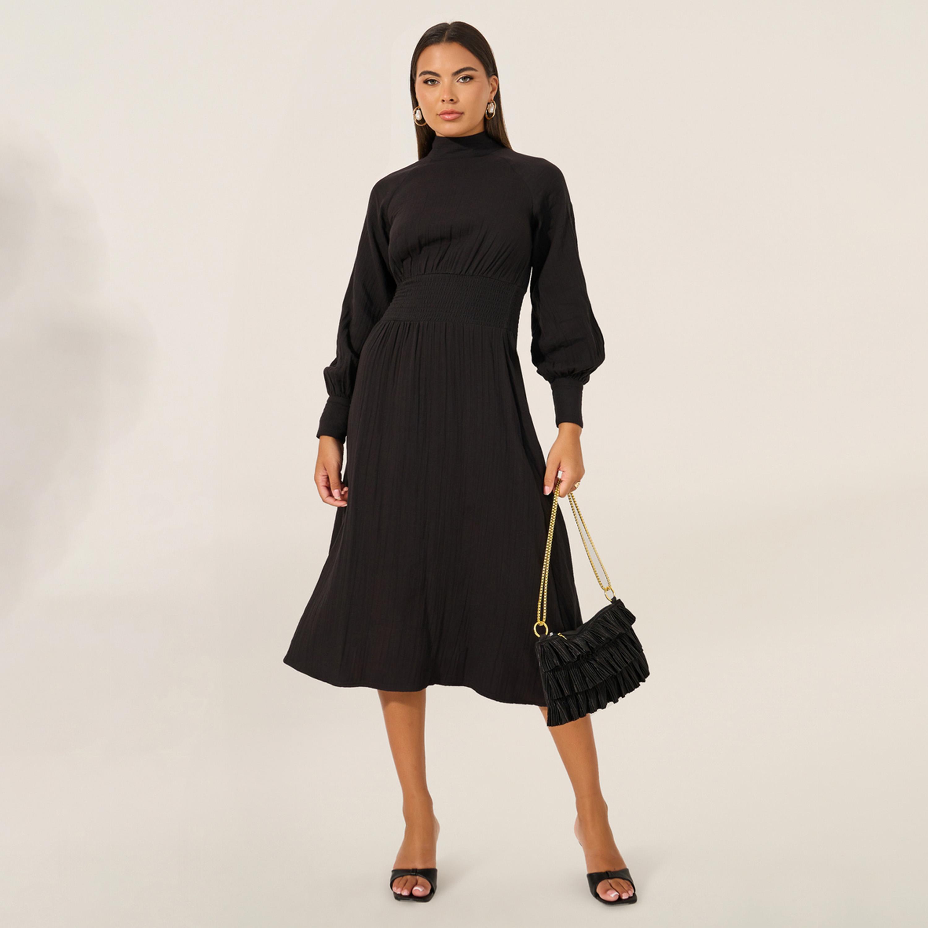 ستايلي - فستان سادة متوسط الطول بقصة A مع خصر مجمع-women-clothing-dresses-image-1