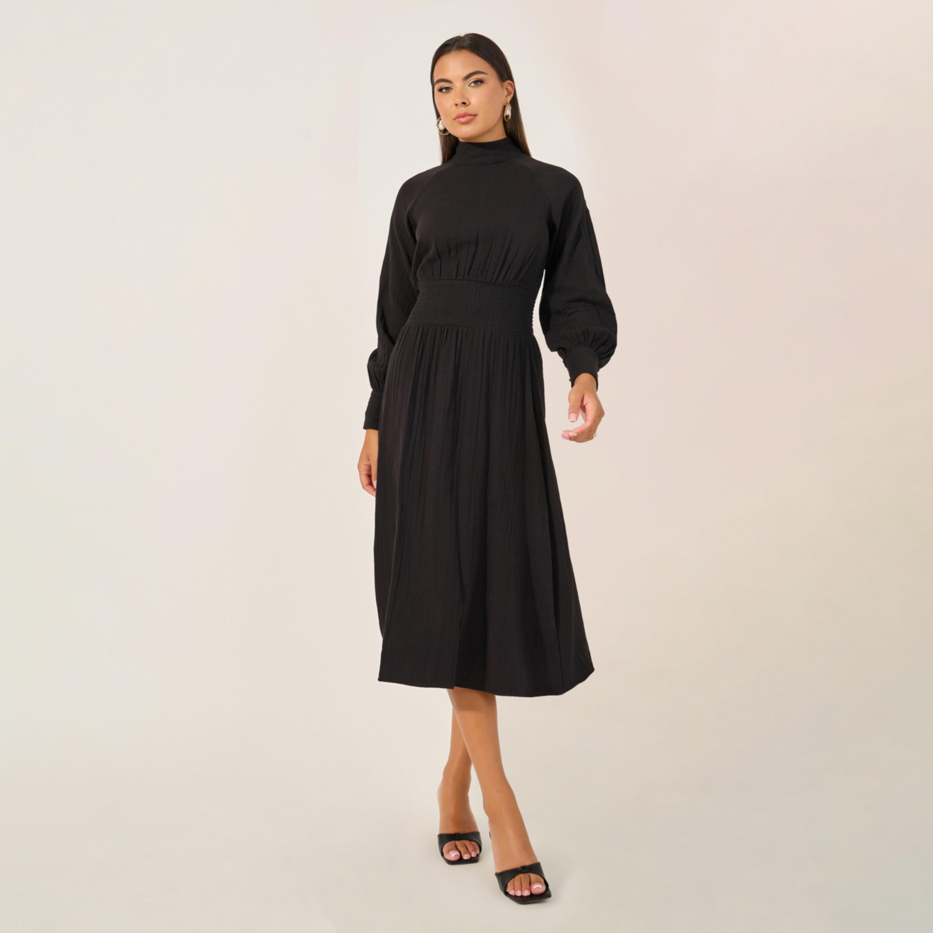 ستايلي - فستان سادة متوسط الطول بقصة A مع خصر مجمع-women-clothing-dresses-image-2