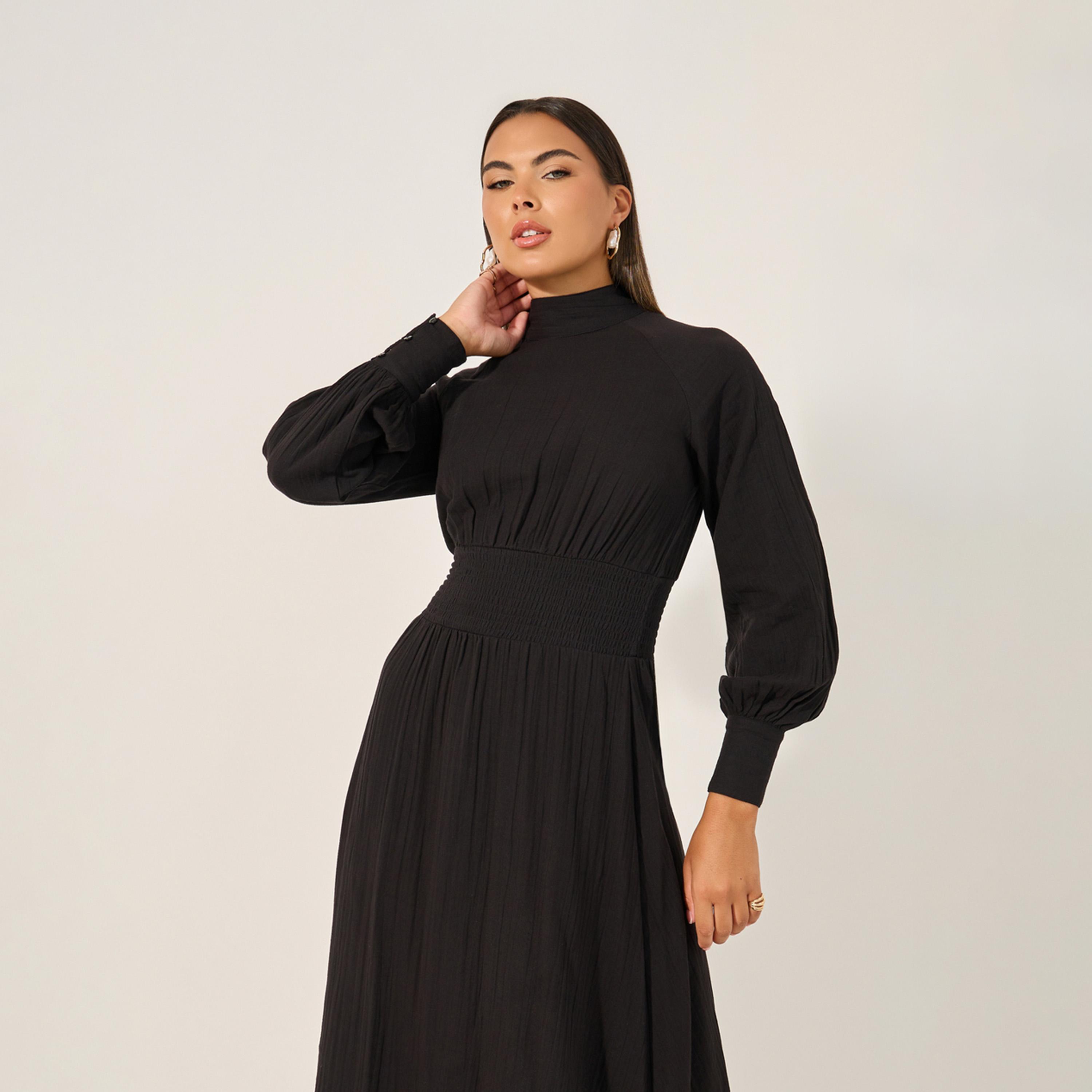 ستايلي - فستان سادة متوسط الطول بقصة A مع خصر مجمع-women-clothing-dresses-image-3