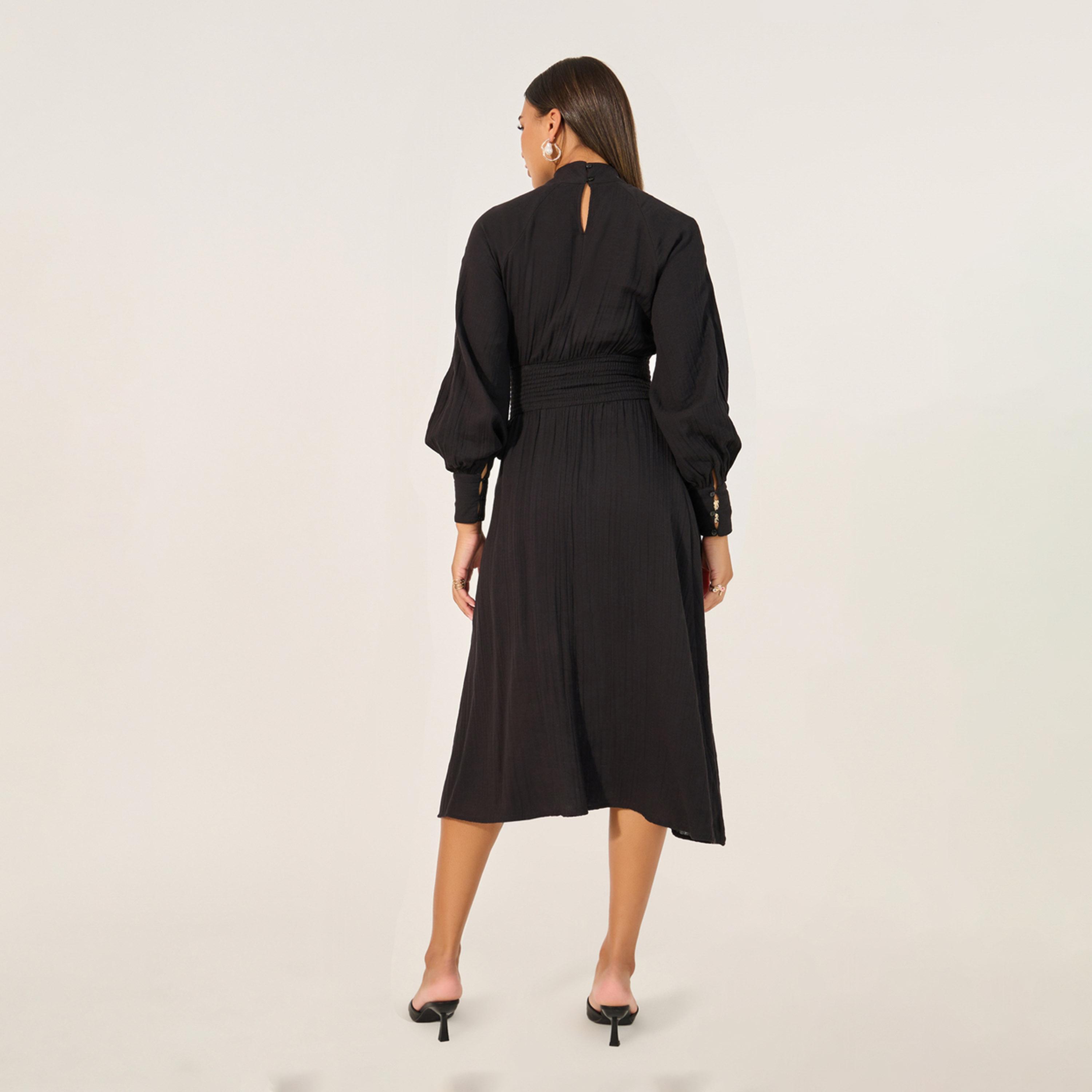 ستايلي - فستان سادة متوسط الطول بقصة A مع خصر مجمع-women-clothing-dresses-image-5