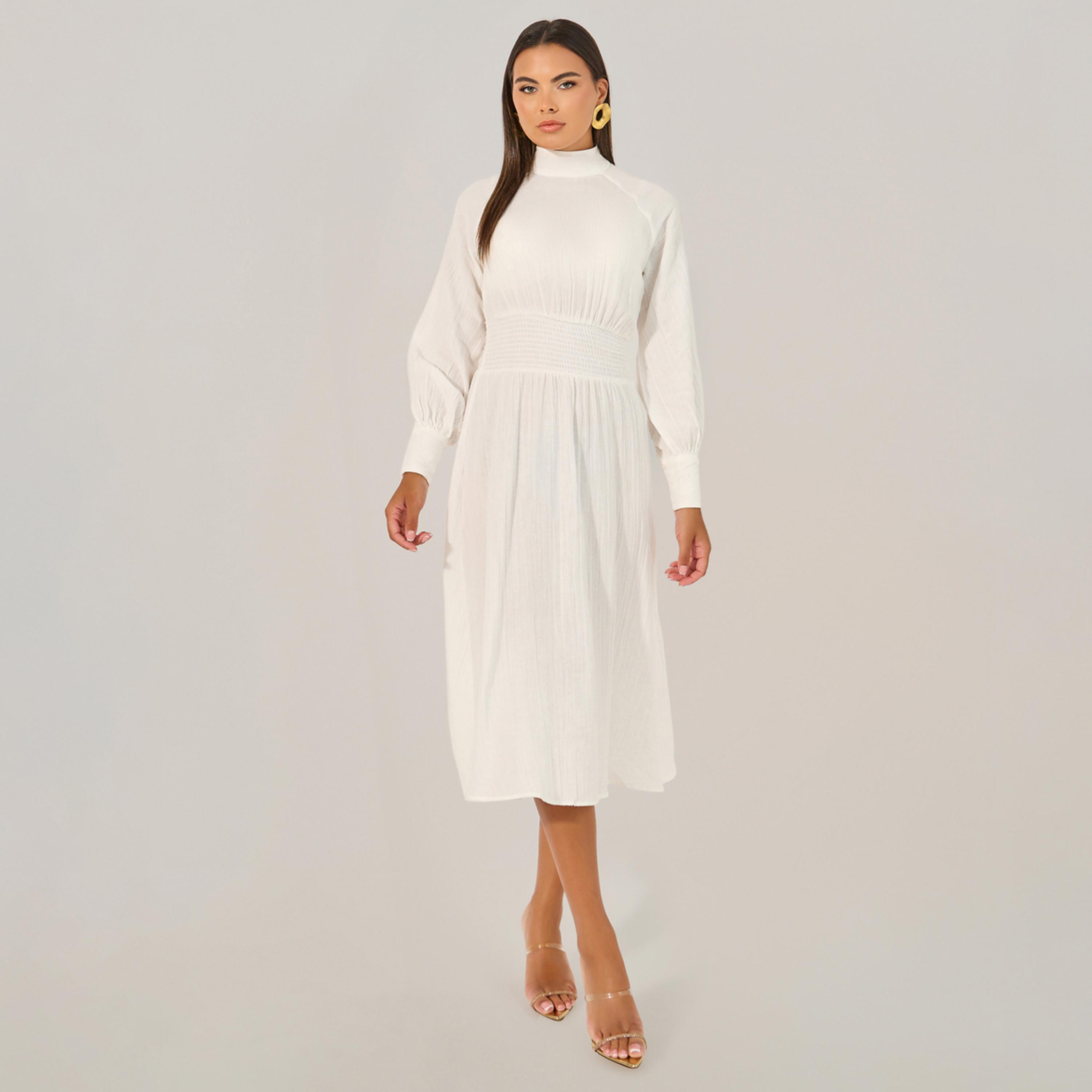 ستايلي - فستان سادة متوسط الطول بقصة A مع خصر مجمع-women-clothing-dresses-image-1
