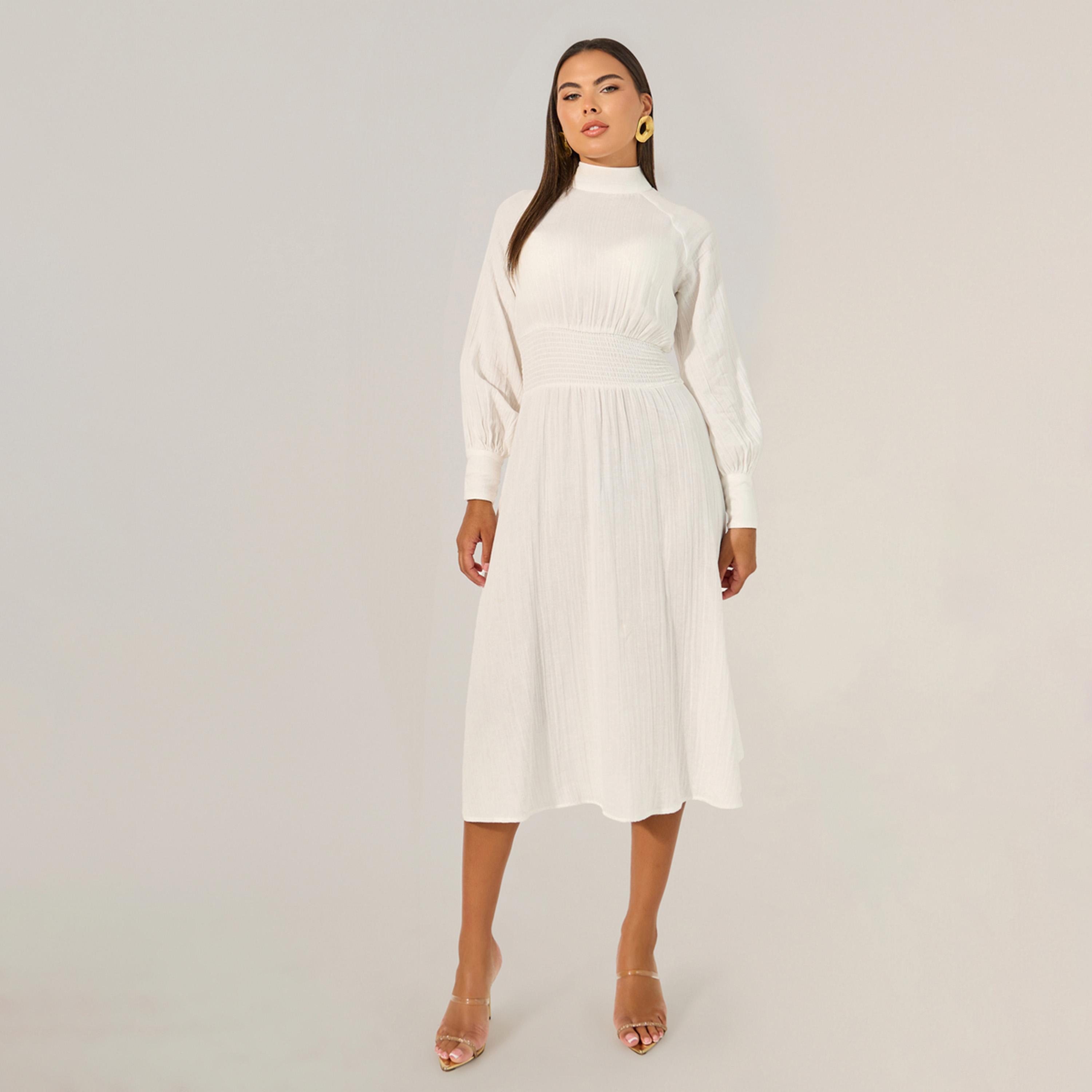 Styli Plain Smocked Waist A-Line Midi Dress-women-clothing-dresses-image-2