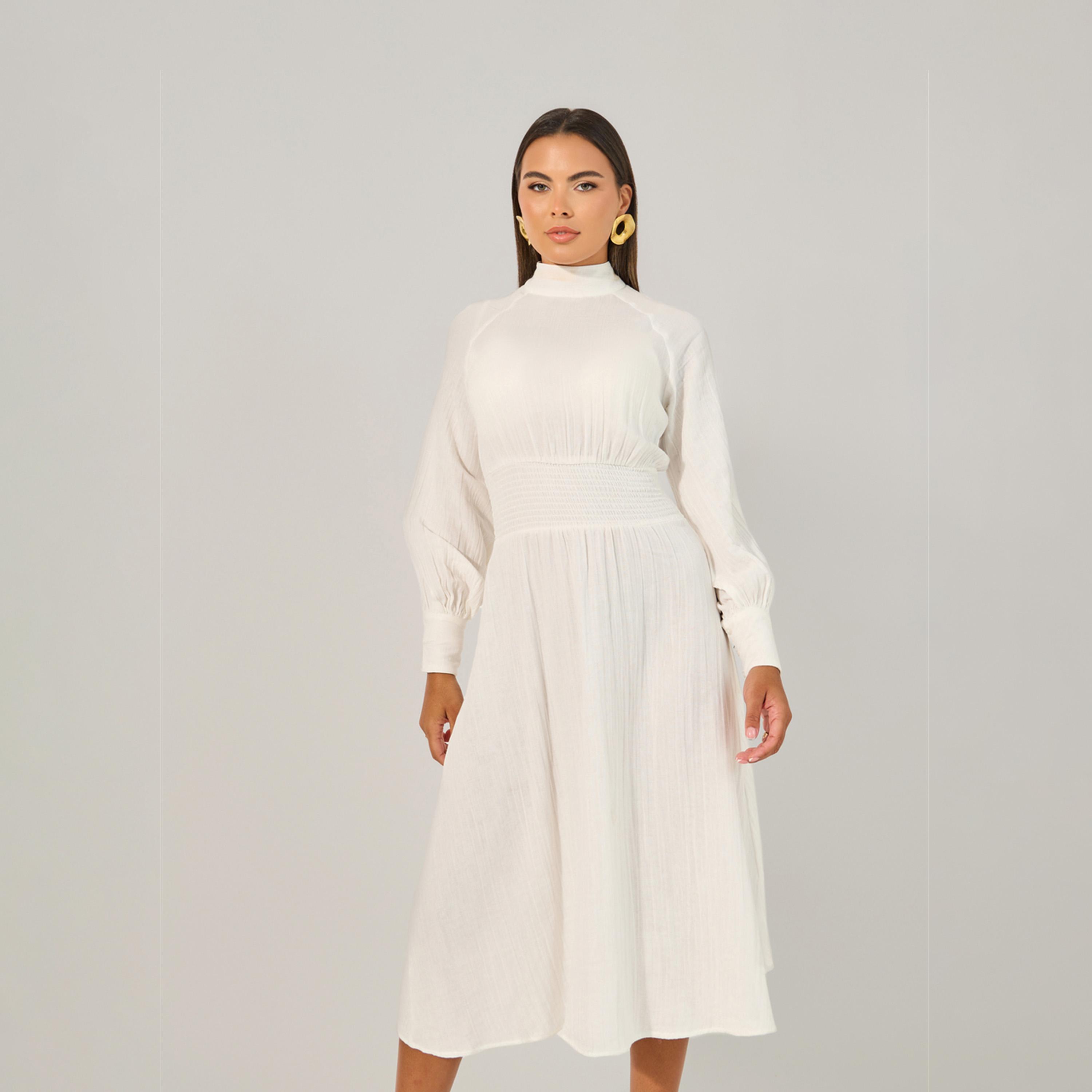 Styli Plain Smocked Waist A-Line Midi Dress-women-clothing-dresses-image-3