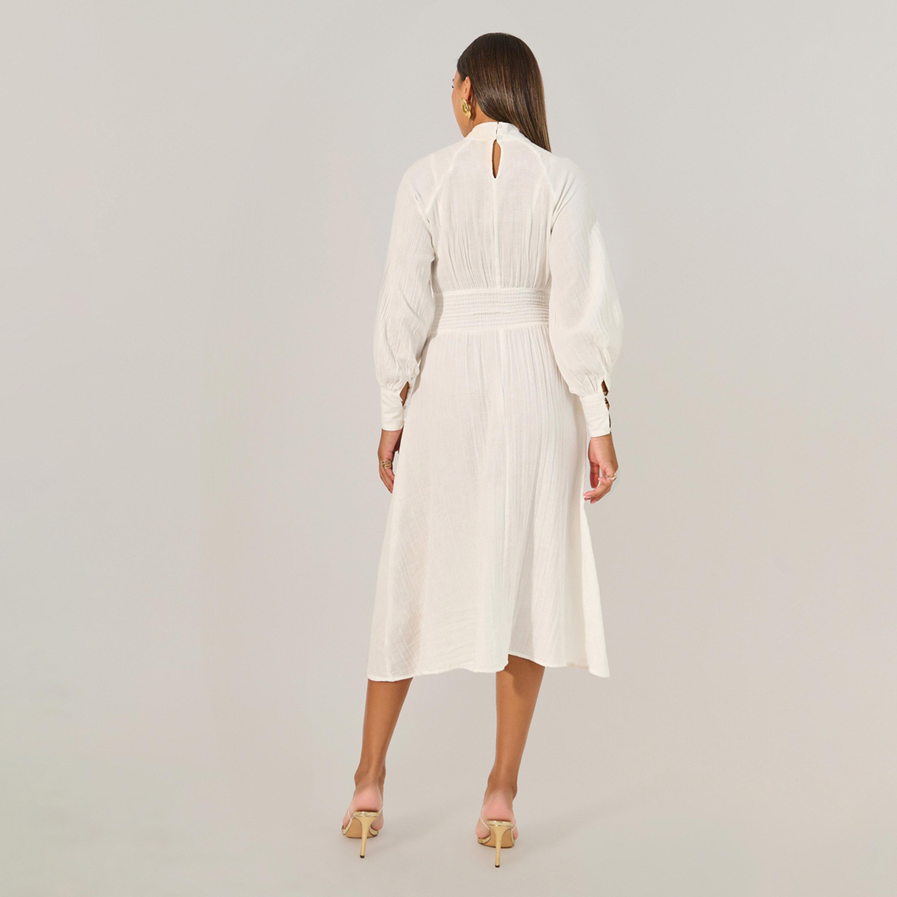 ستايلي - فستان سادة متوسط الطول بقصة A مع خصر مجمع-women-clothing-dresses-image-5
