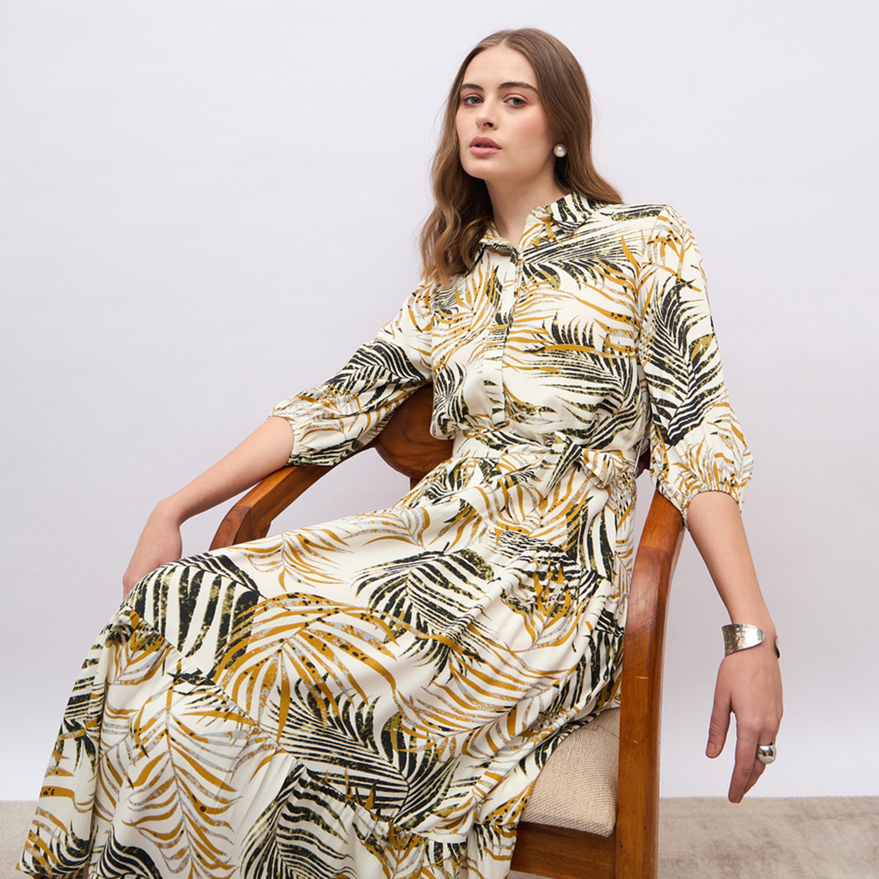 ستايلي - فستان ميدي بقصة A وأكمام منفوخة وطبعة زهور-women-clothing-dresses-image-6