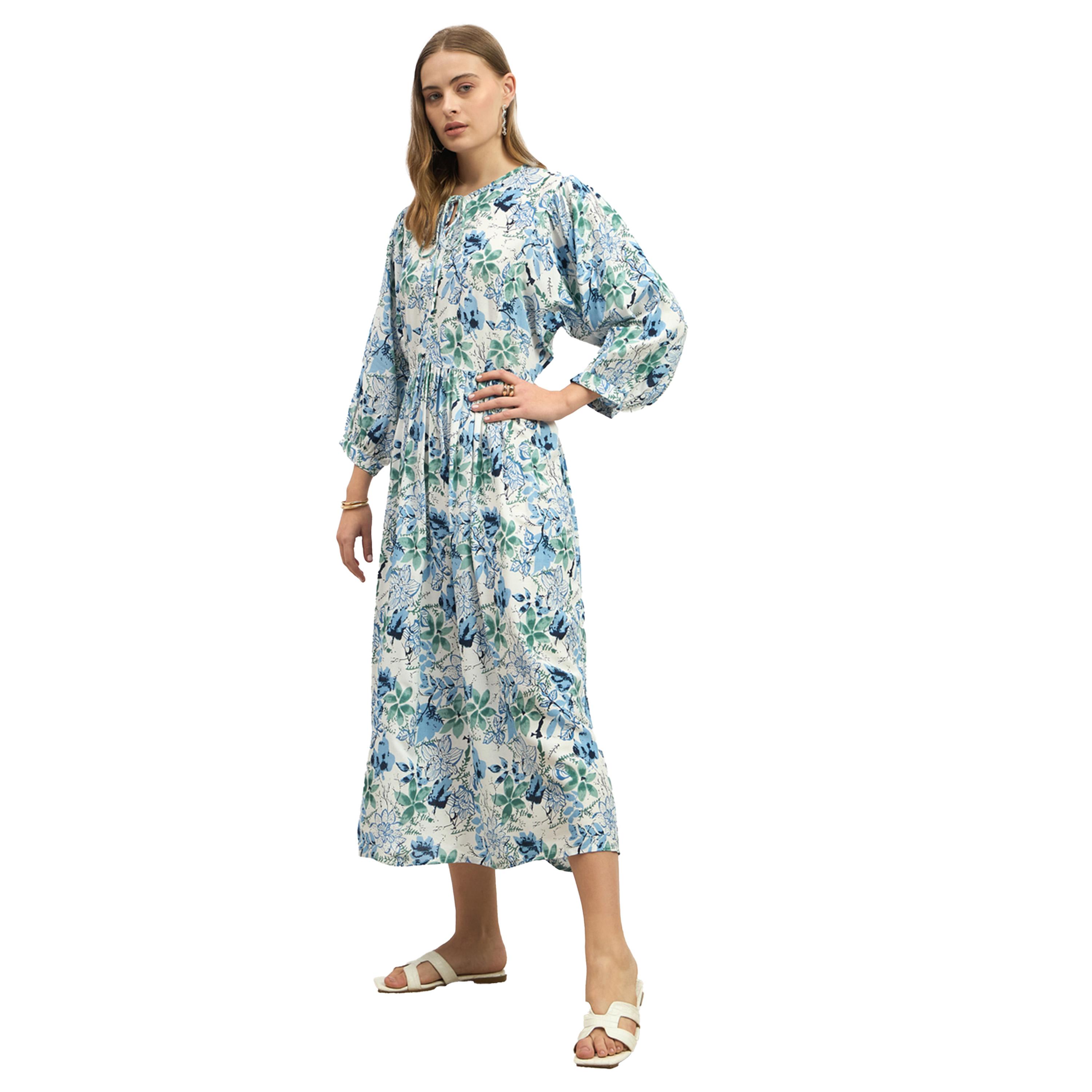 ستايلي - فستان متوسط الطول بطبعة زهور وقصة A - أزرق-women-clothing-dresses-image-3