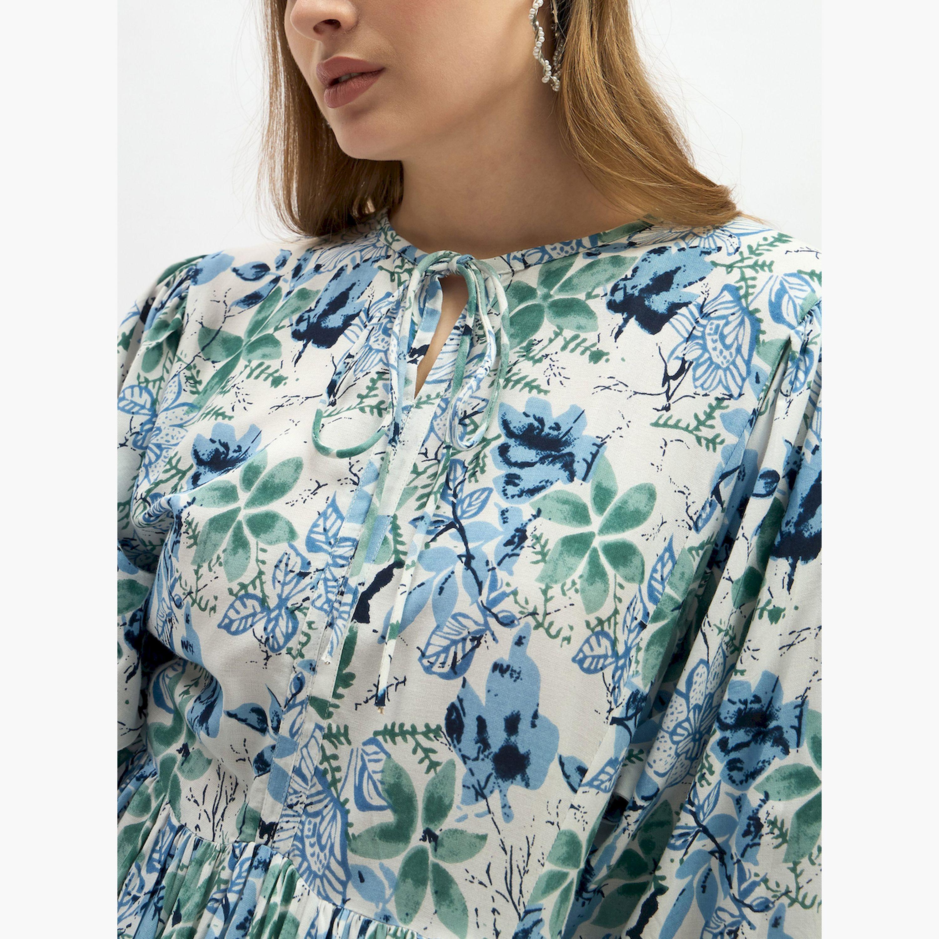 Styli Blue Floral Printed Midi A-Line Dress-women-clothing-dresses-image-4