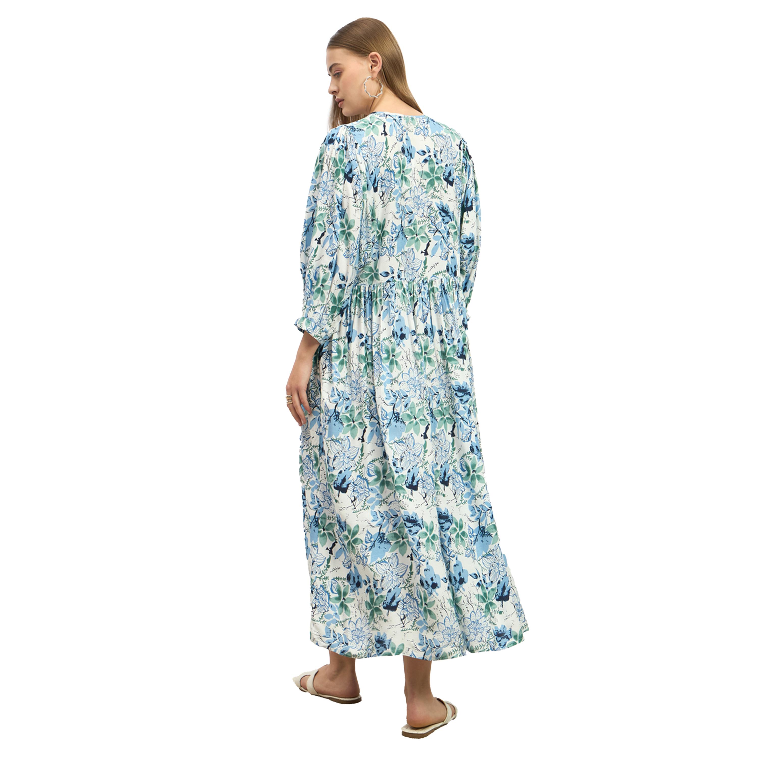 ستايلي - فستان متوسط الطول بطبعة زهور وقصة A - أزرق-women-clothing-dresses-image-5