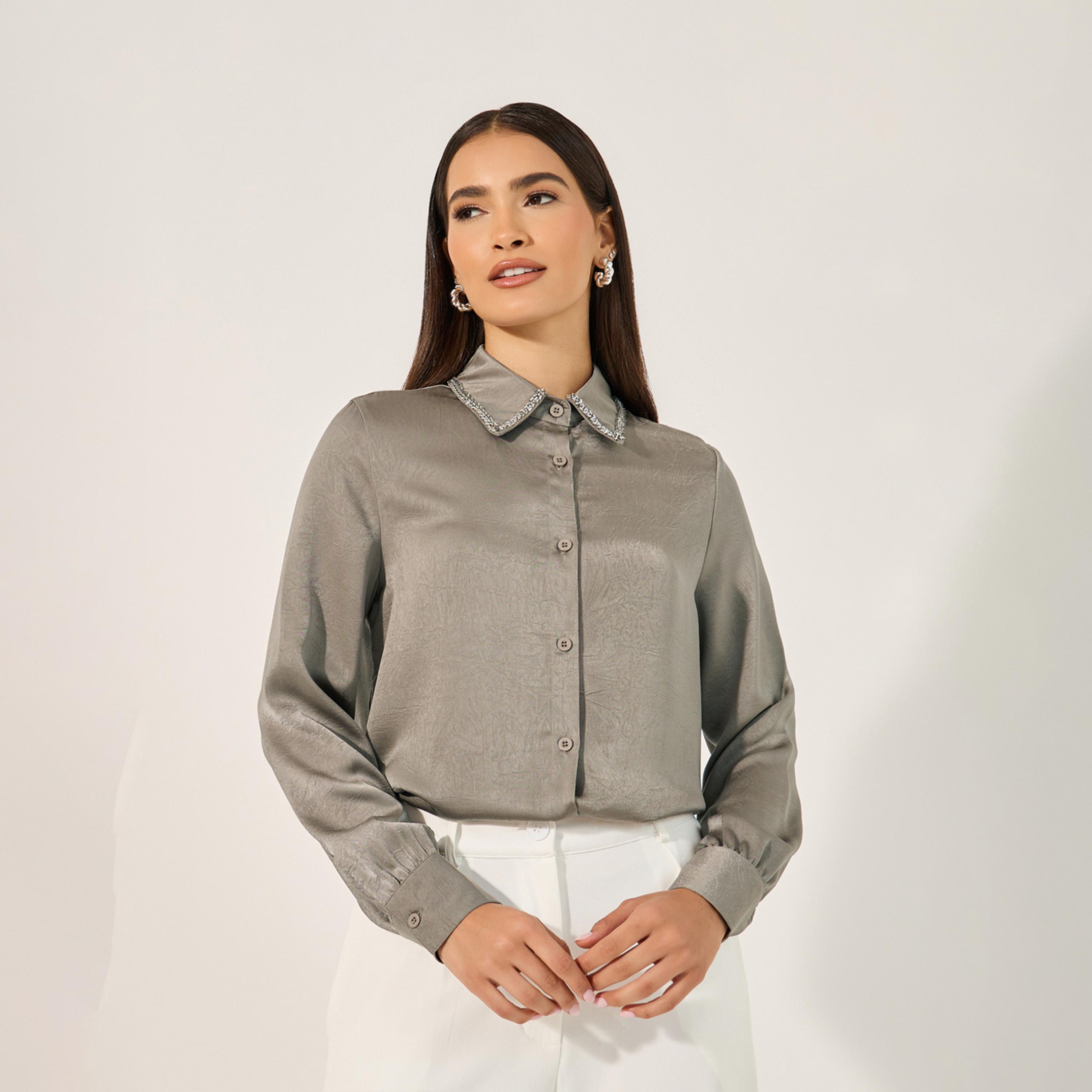 ستايلي - قميص بياقة واسعة ومزخرف-women-clothing-shirtsandblouses-shirts-image-2