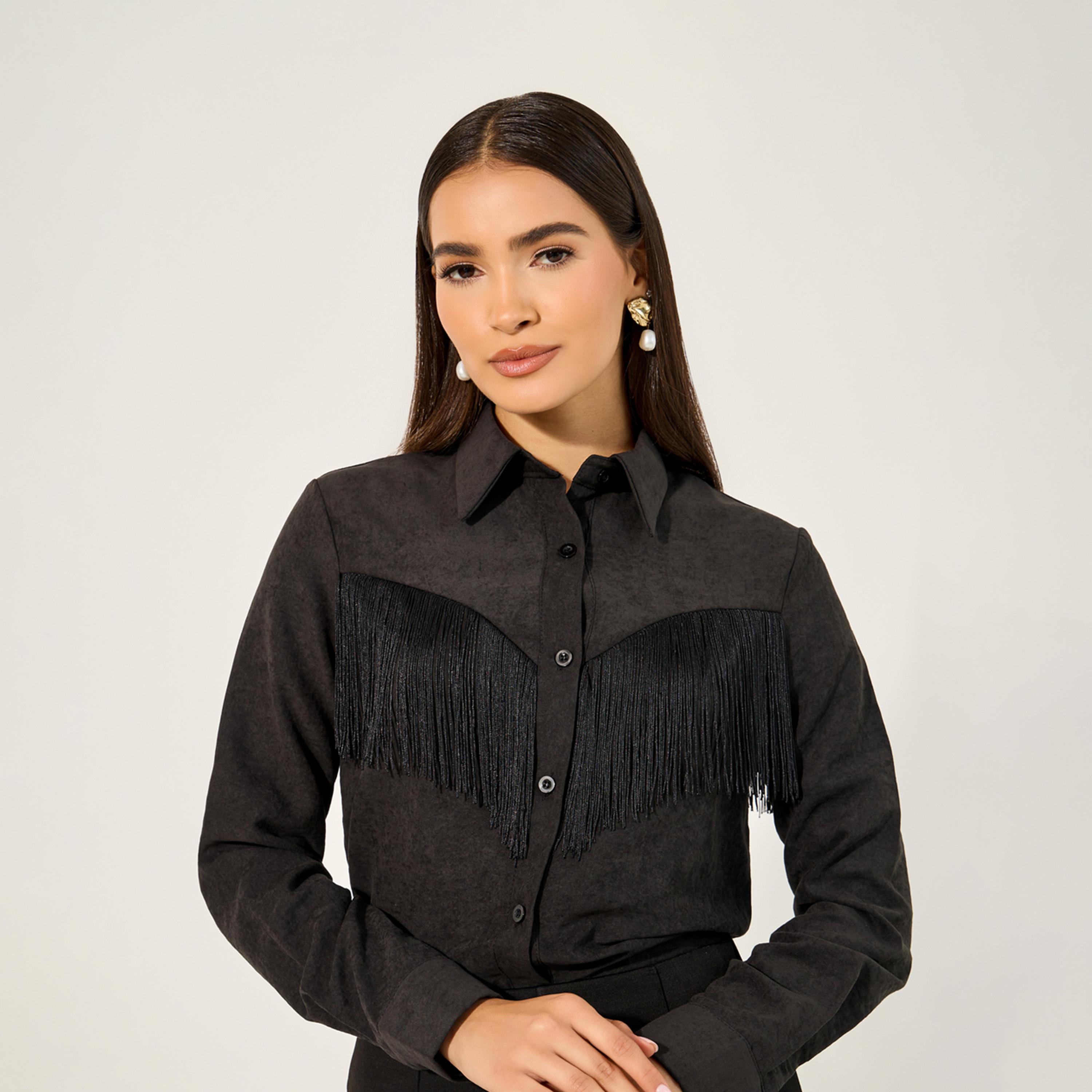 Styli Suede Look Spread Collar Shirt With Fringes Detail-women-clothing-shirtsandblouses-shirts-image-1
