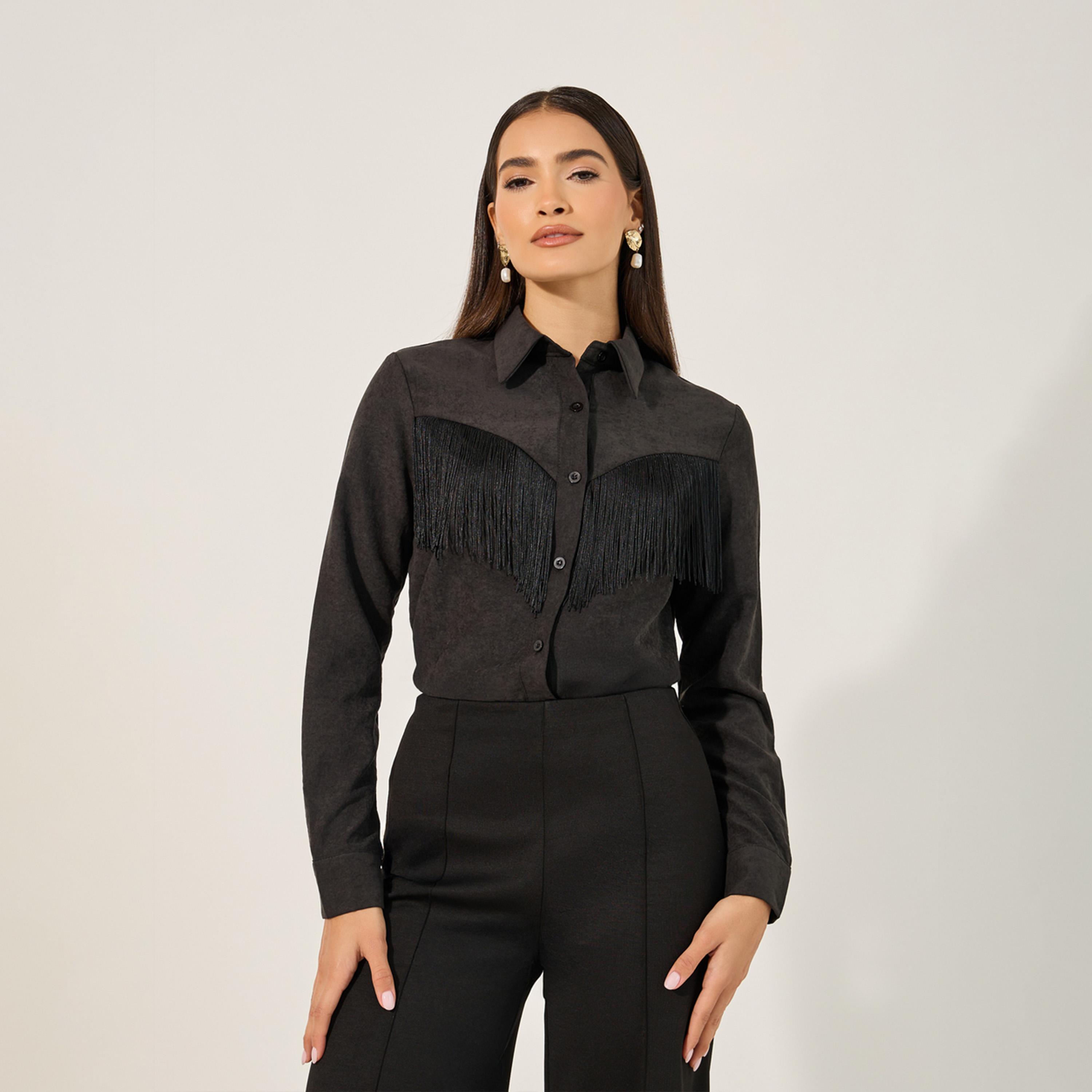 Styli Suede Look Spread Collar Shirt With Fringes Detail-women-clothing-shirtsandblouses-shirts-image-2