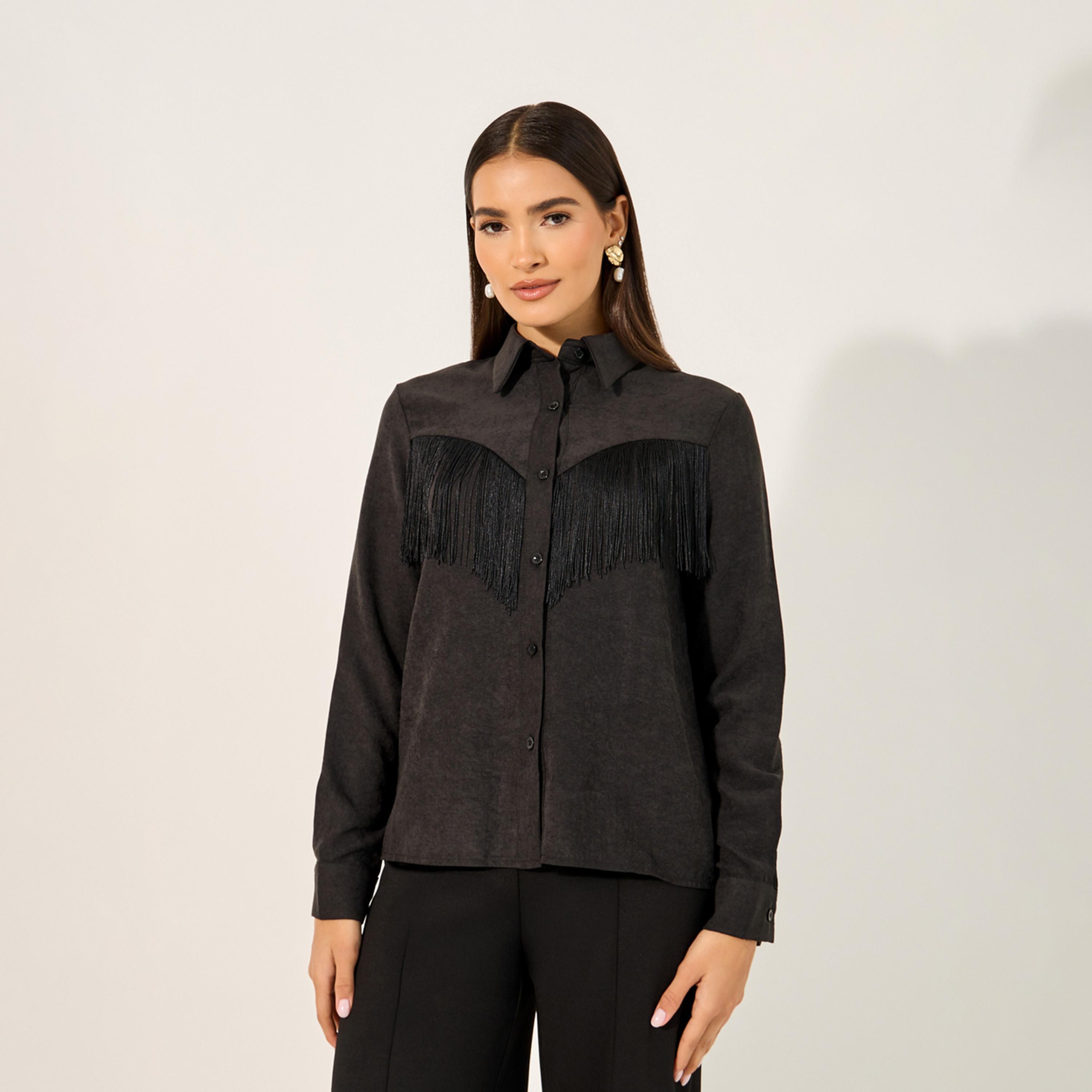 Styli Suede Look Spread Collar Shirt With Fringes Detail-women-clothing-shirtsandblouses-shirts-image-3