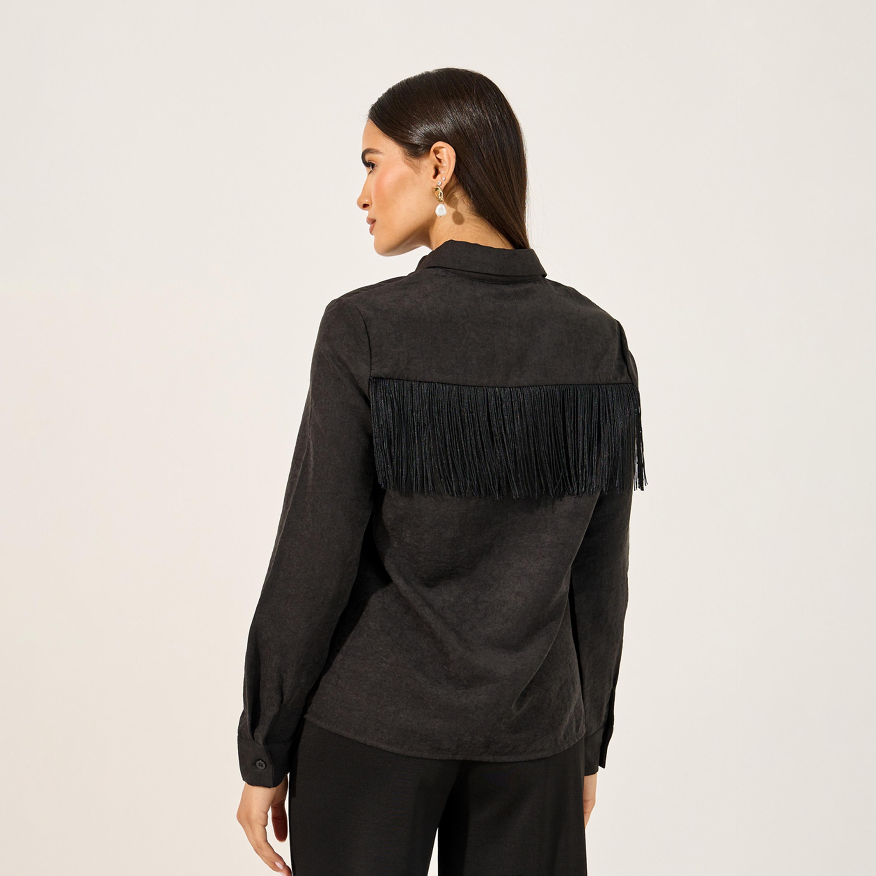 ستايلي - قميص بمظهر جلد سويدي مخملي وياقة واسعة وتفاصيل شراشيب-women-clothing-shirtsandblouses-shirts-image-6
