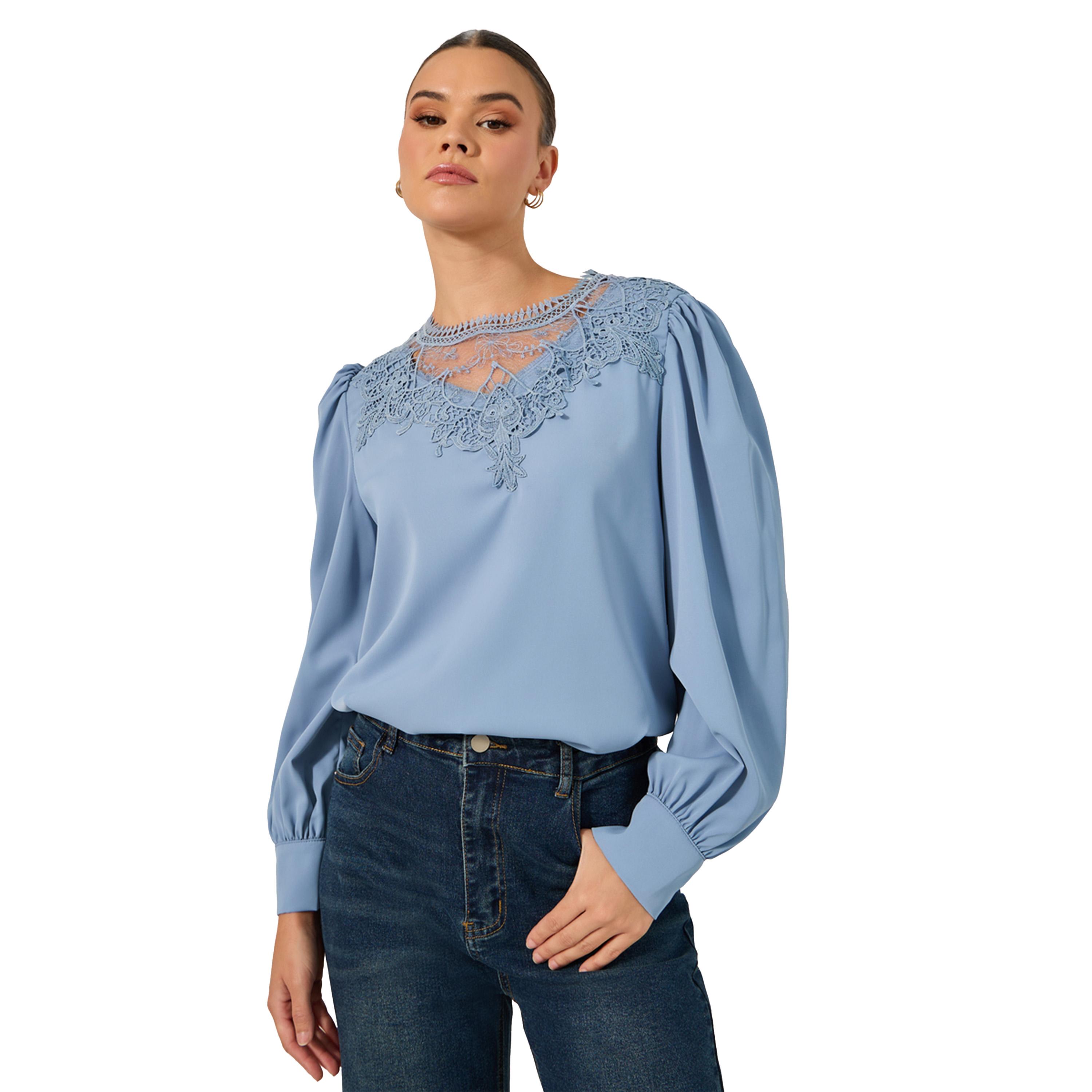 ستايلي -  بلوزة سادة بأكمام طويلة وتفاصيل دانتيل-women-clothing-shirtsandblouses-blouses-image-1